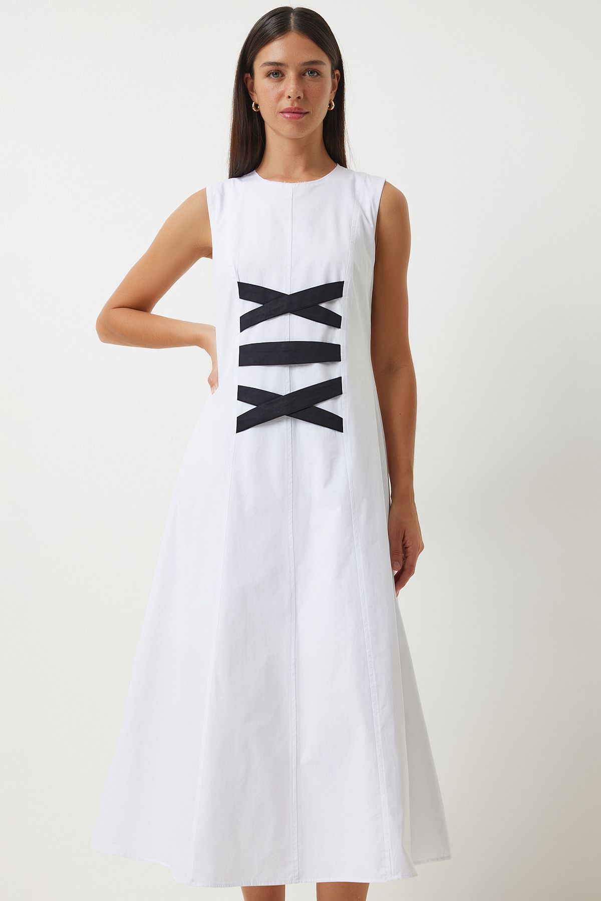 Woman White Black Ribbon Detailed Tok Poplin Dress AN00202