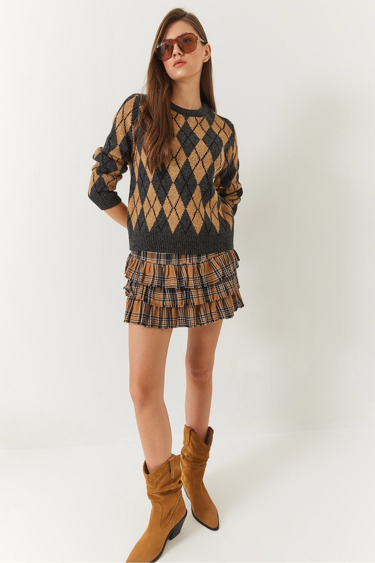 Female Bike Neck Baklava Patterned Sweater 241192 60261036