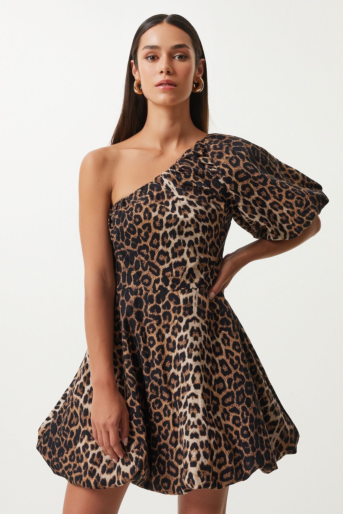Female Black Beige Leopard Patterned Balloon Sleeze One Shoulder Woven Dress UL00034