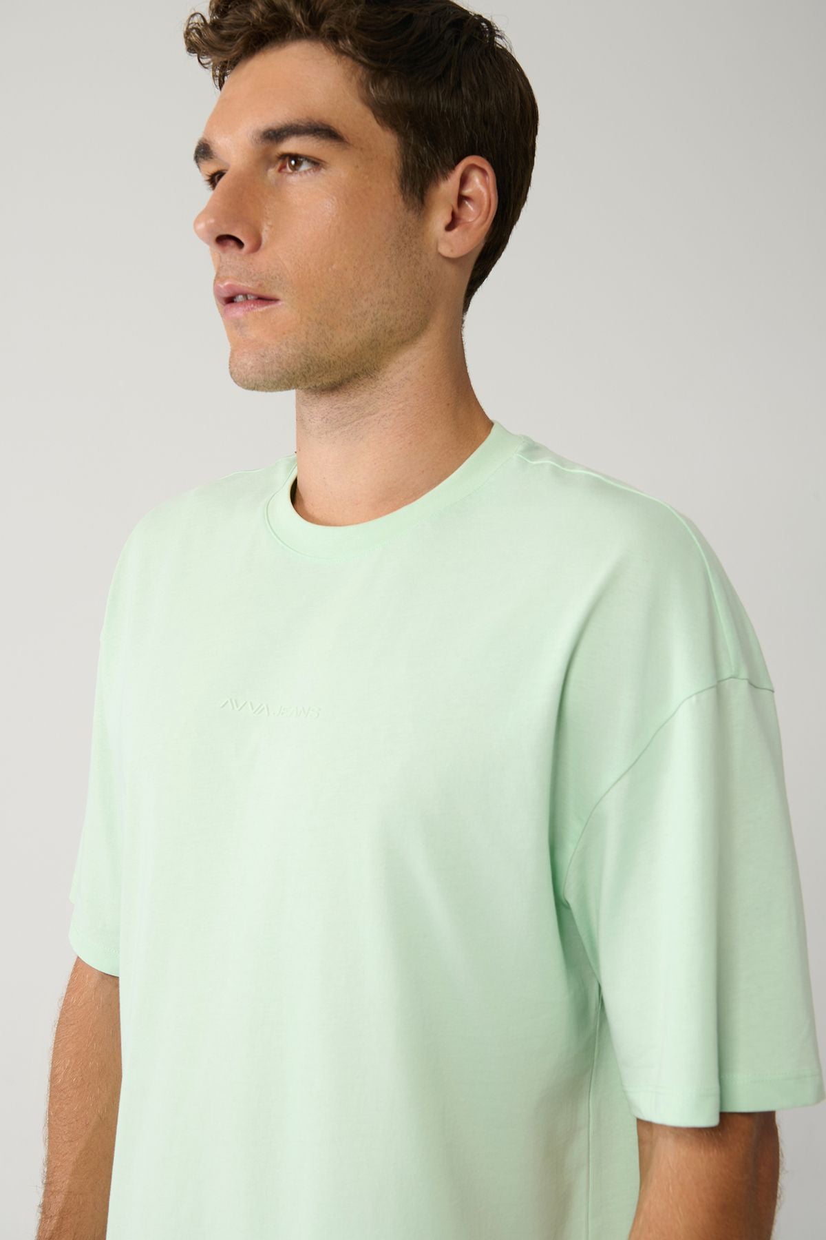 Men's Mint Green T-shirt Crew Neck Printed Cotton Oversize E001037