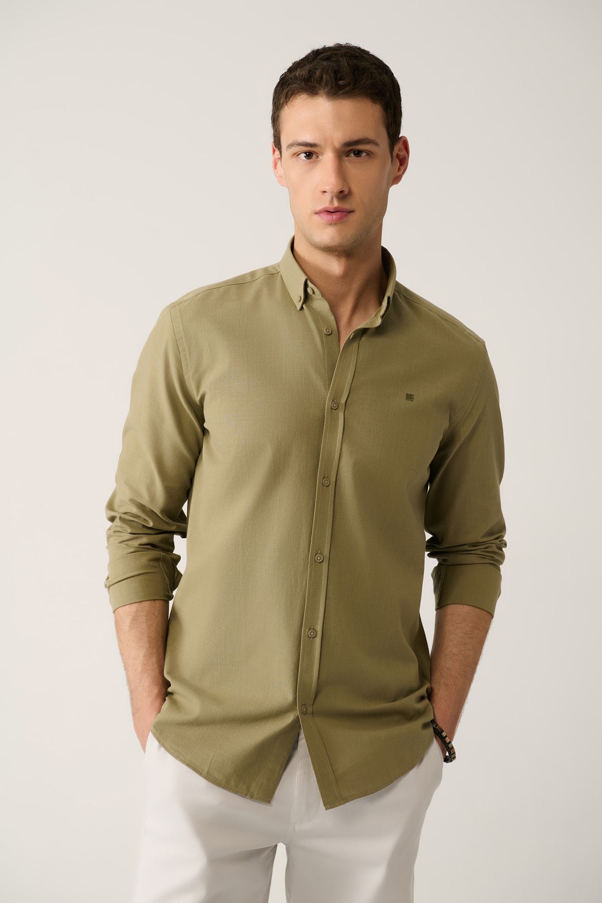 Male Khaki Buttoned Neck 100 %Cotton Linen textured shirt E002141