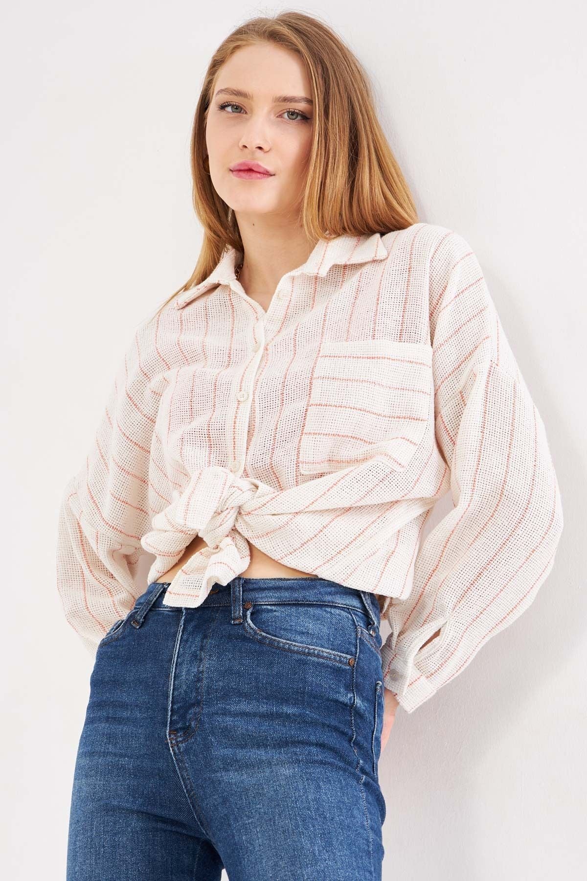 Woman Open Orange Long Sleeve Pocket Detailed Sistle Pleated Striped Oversize Shirt ARM-24Y001053