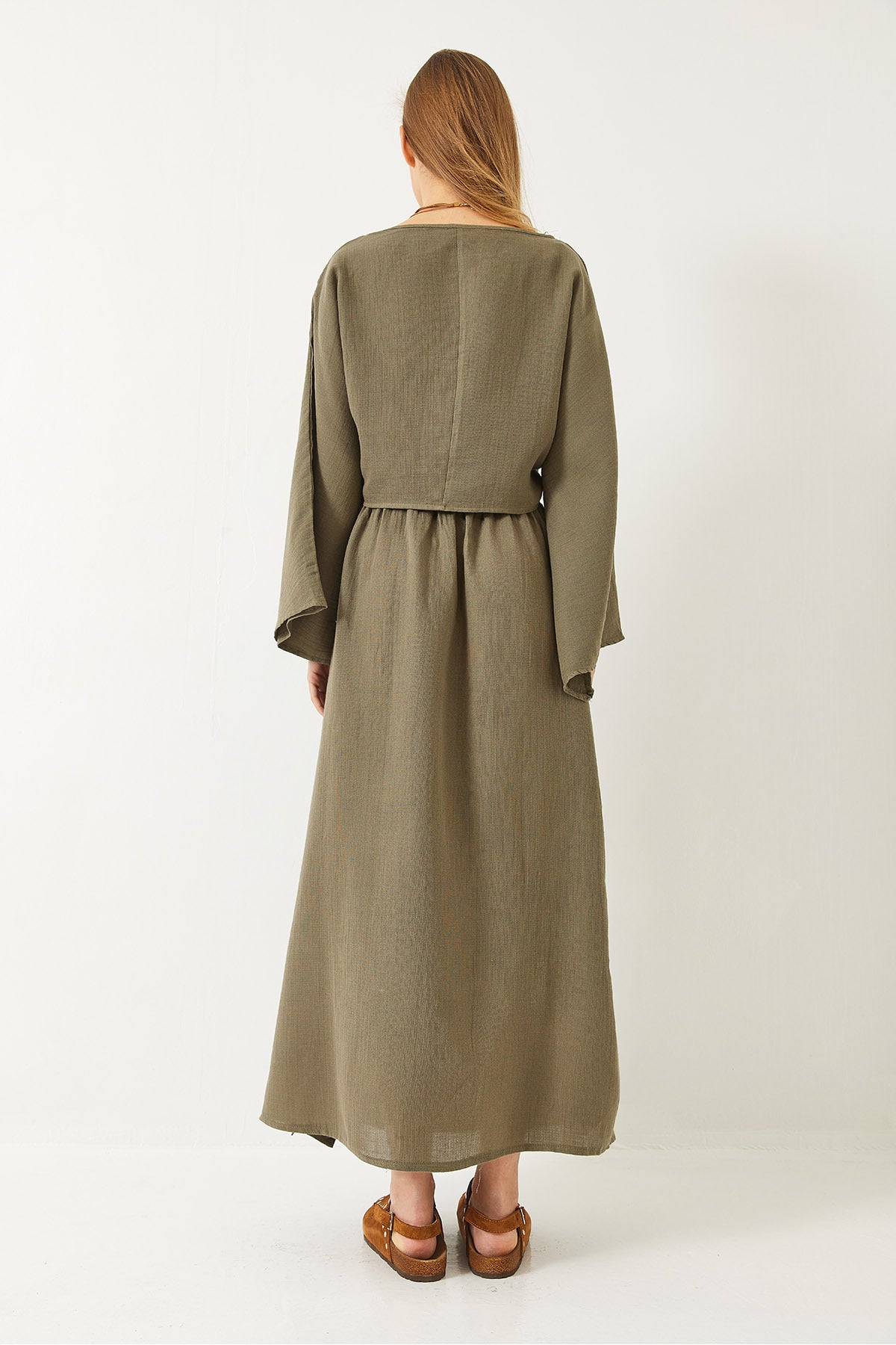 Women's Bat Sleeve Crop, Elastic Waist Slit Detail Skirt Muslin Suit 9280 60281002