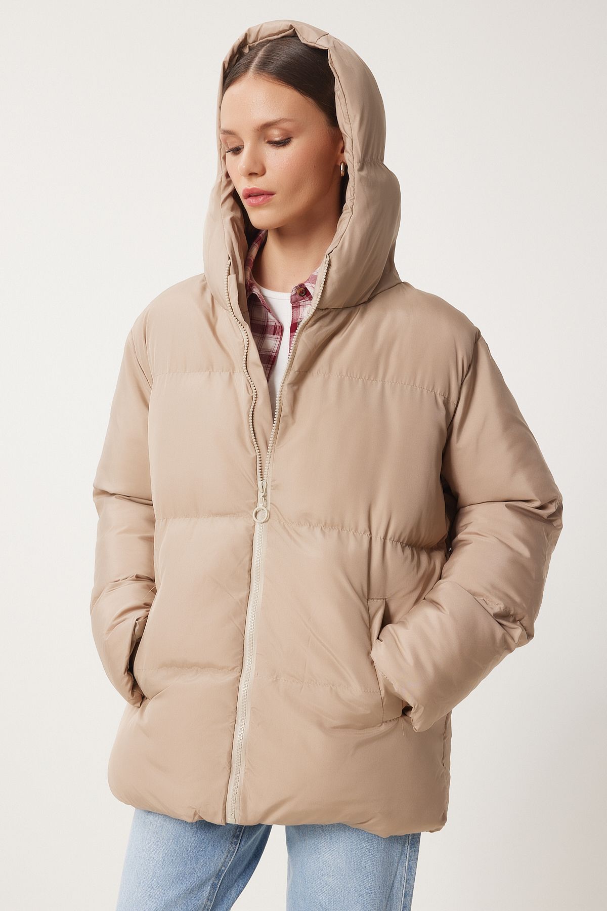 Female Beige Hooded Oversizle Swelling Coat CI00050