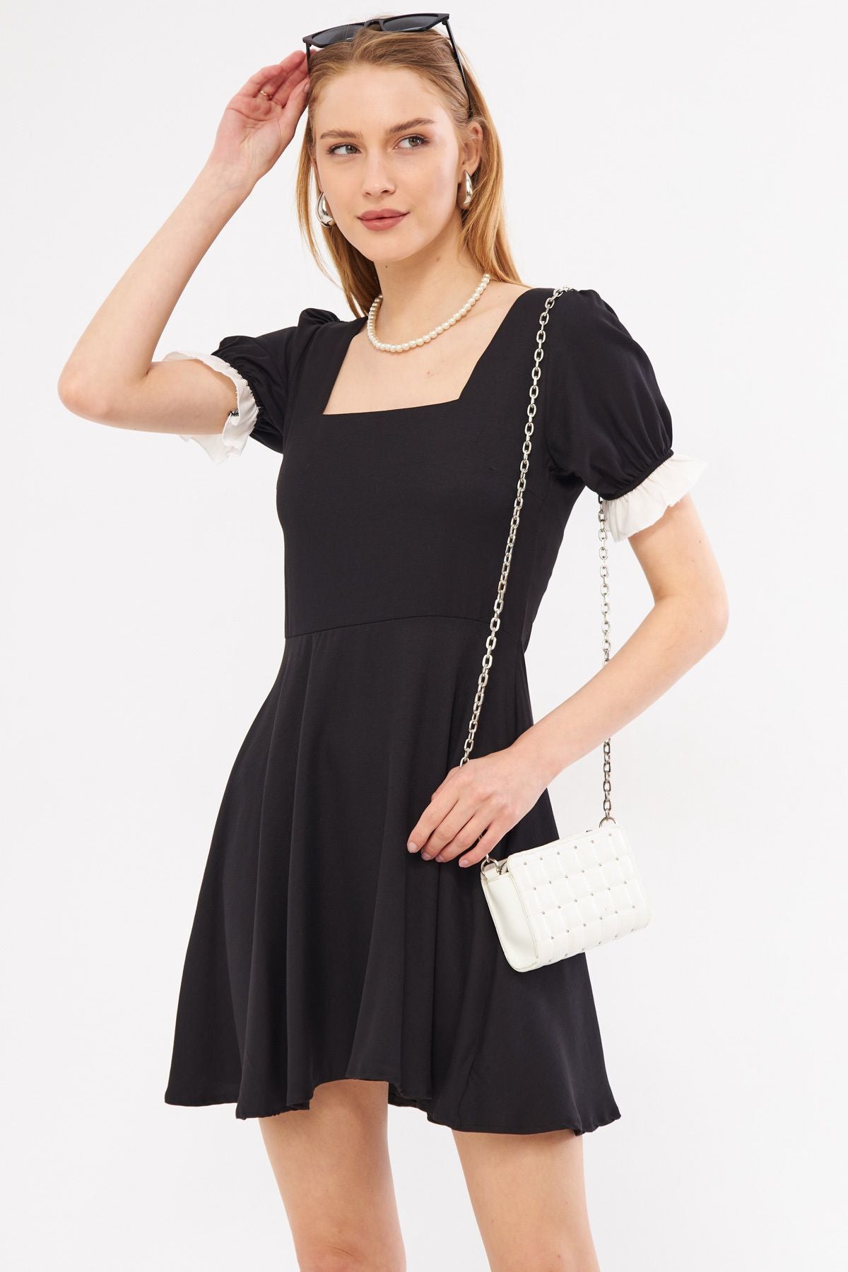 Female Black Front Rear Square Neck Sleeve Tip Detailed Watermelon Sleeve Kloş Mini Dress ARM-24Y001062