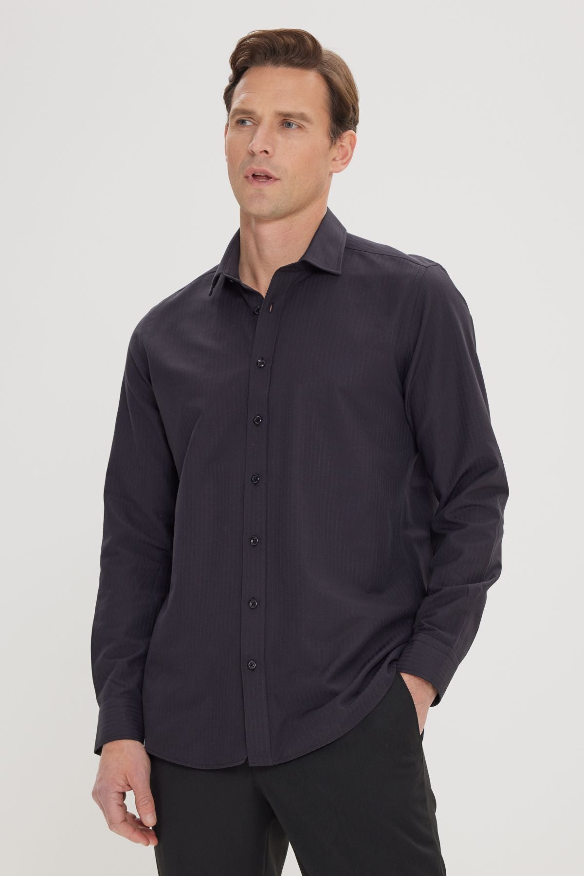 Men's black slim fit narrow cut buttoned collar linen looking 100 %cotton pennant shirt