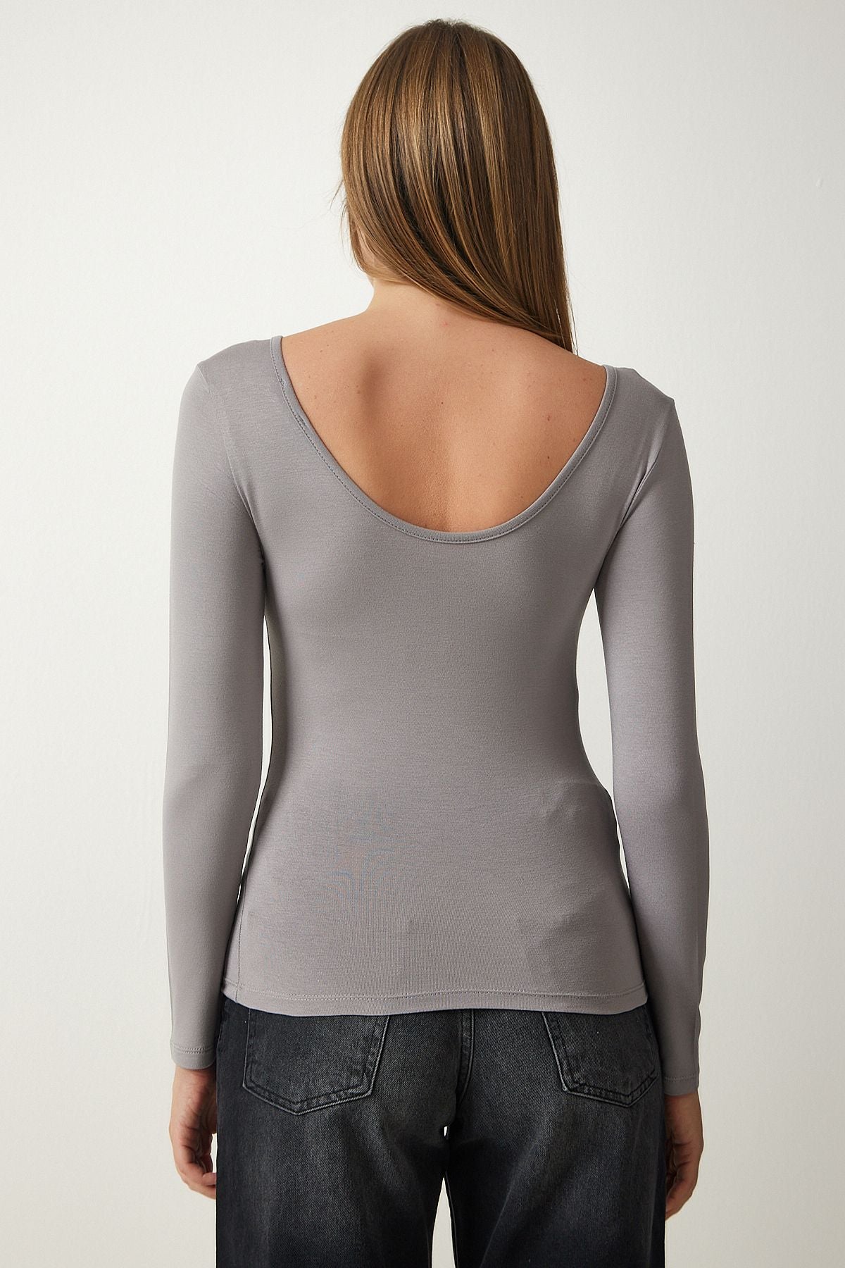 Women's gray wide u neck viscose knit blouse RX00043