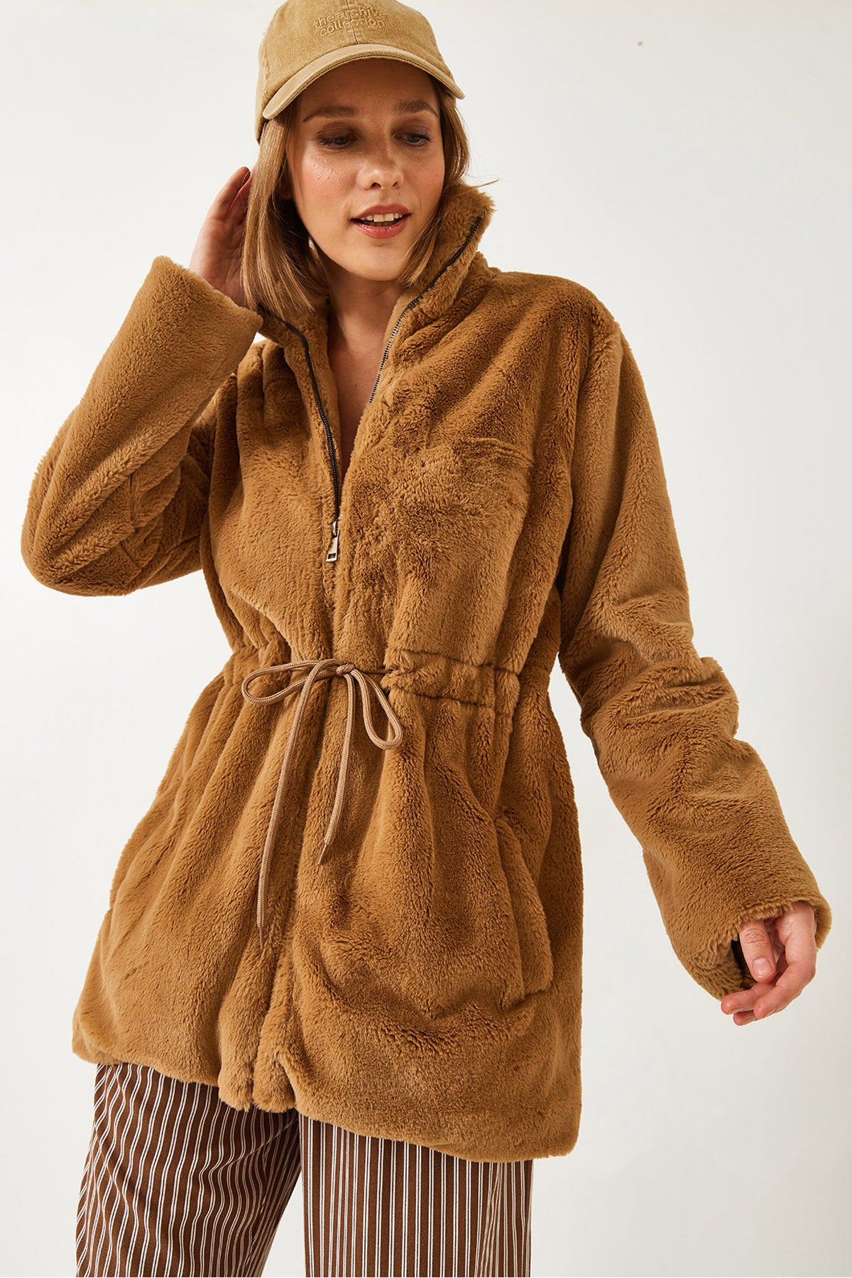 Women's Zippered Long Waist Elastic Fur Coat 2049 60141006