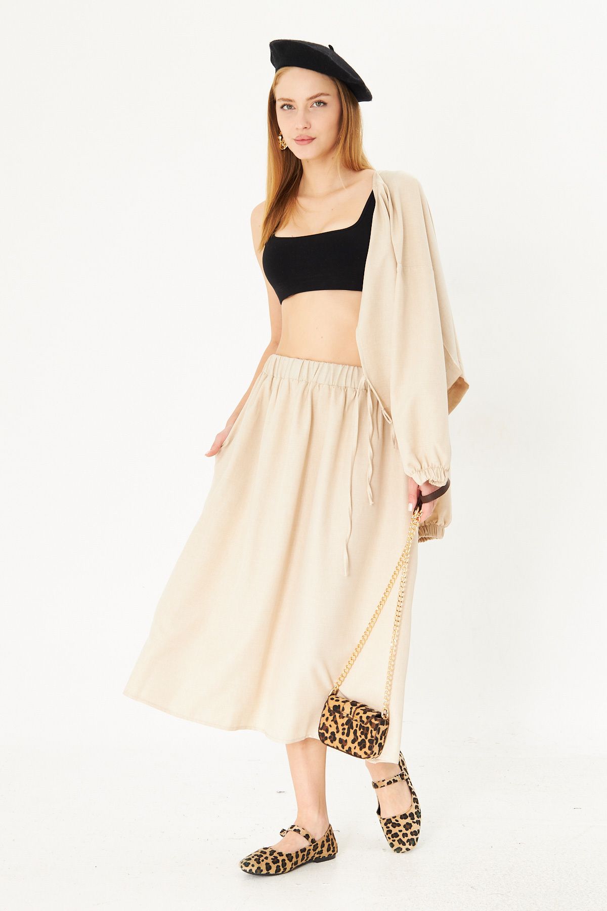 Female Beige Waist Midi Pocket Midi Skirt ARM-25K001010