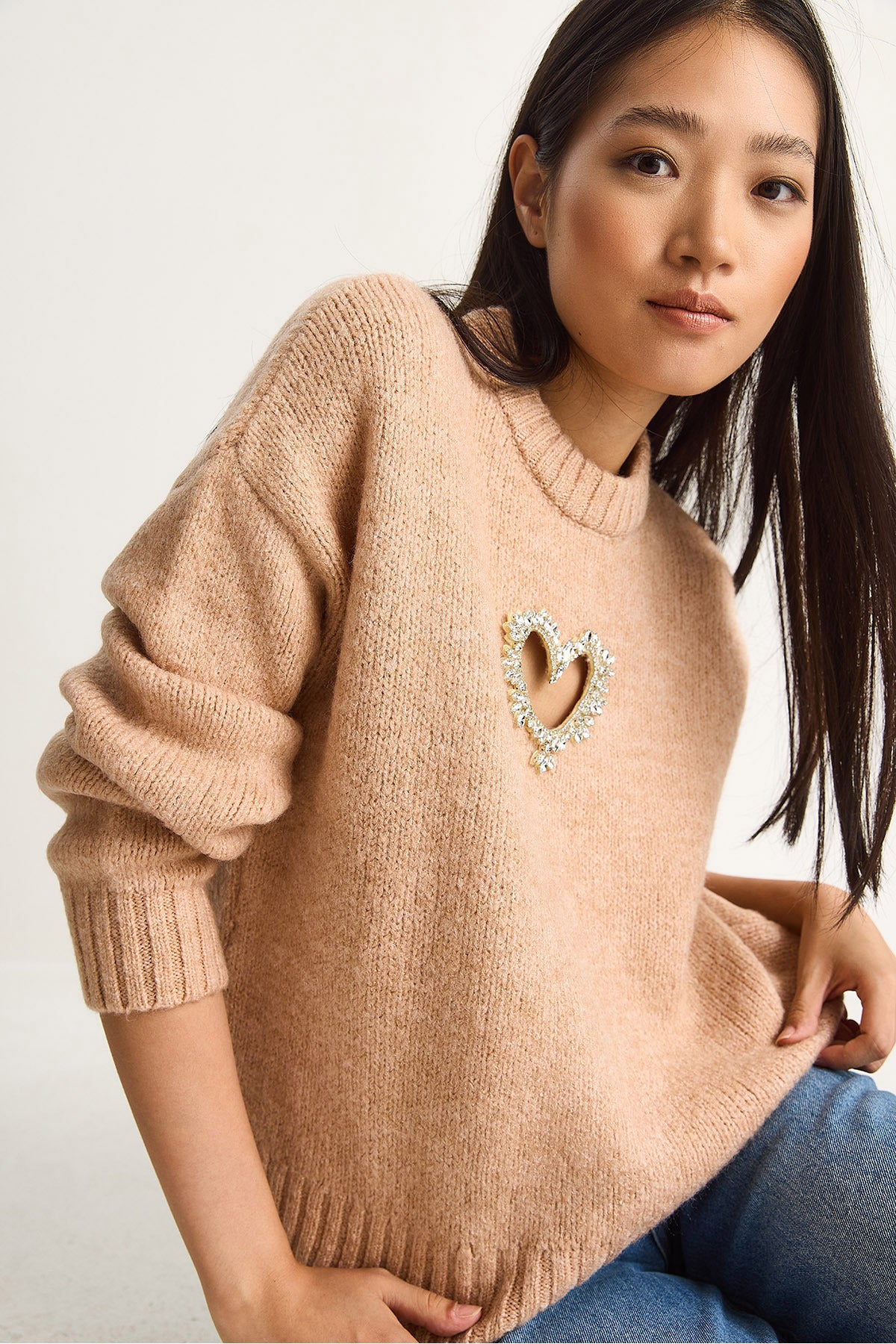 Women's Heart Detailed Stone Embroidered Knitwear Sweater 60261249