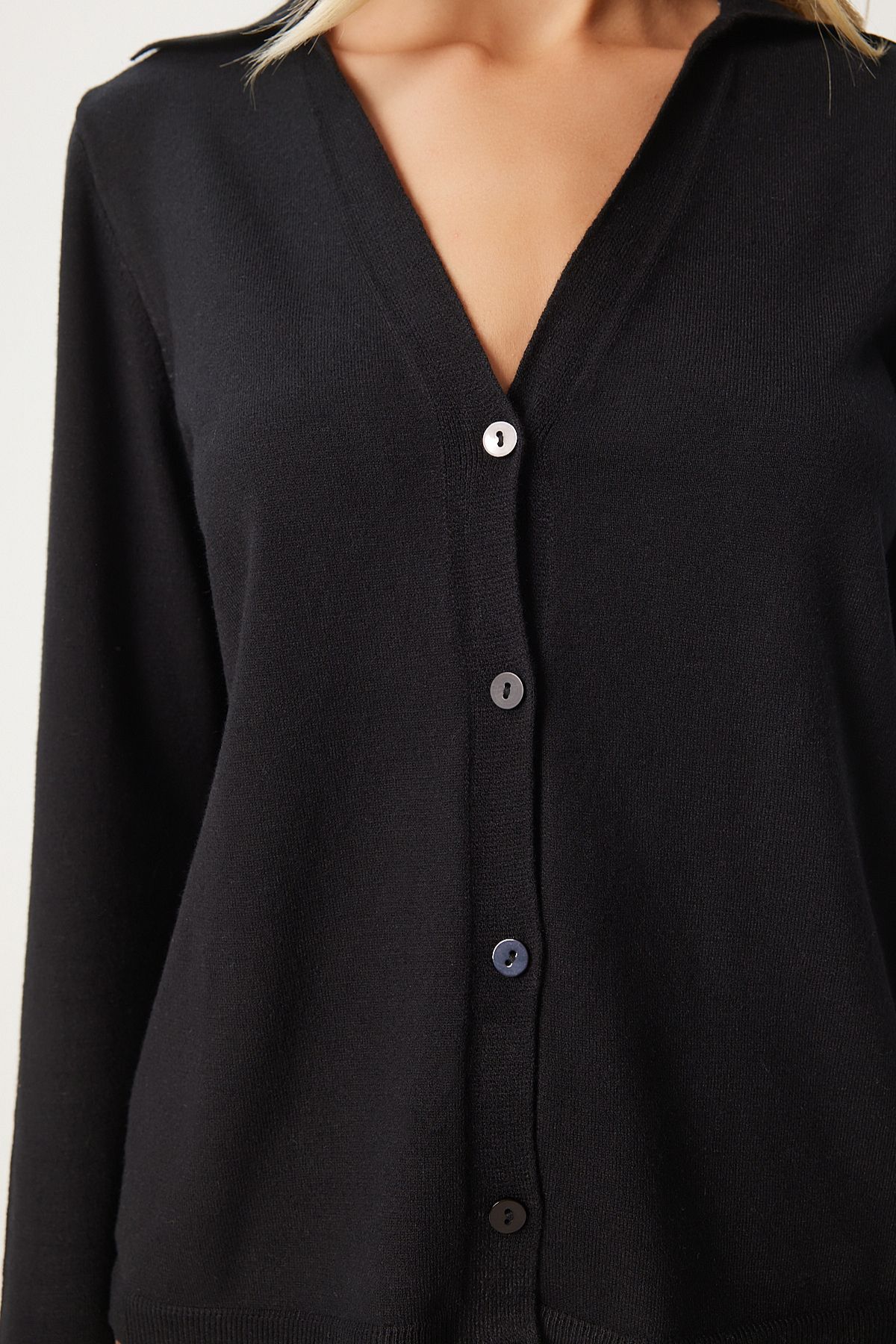 Female Black Polo Yaka Seasonal Triko Cardigan FN03301