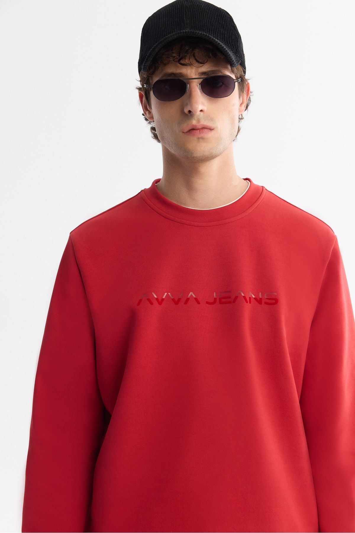 Men's Red Bicycle Collar Cotton Printed Elastan Sweatshirt A42Y1221