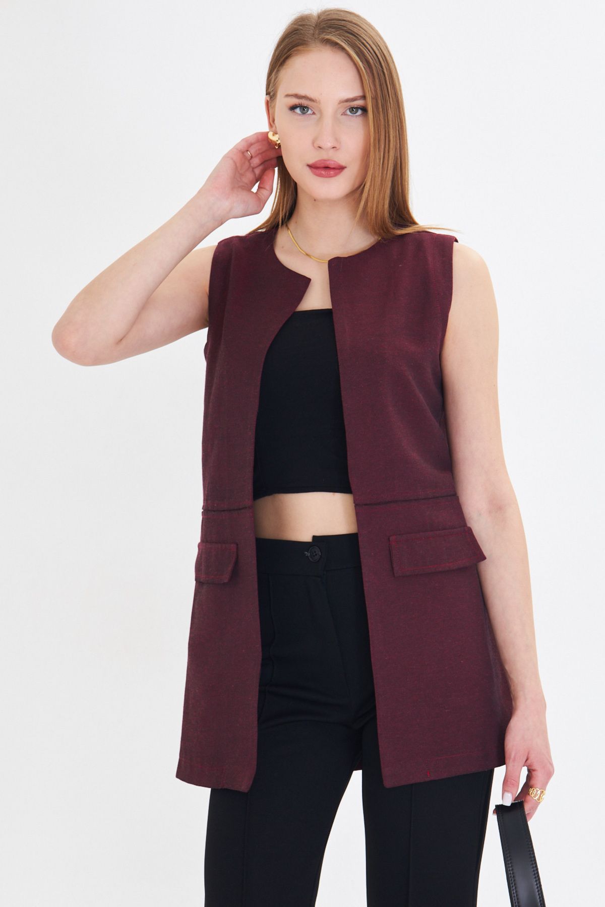 Women's Bordeaux zero collar sewing detailed vest ARM-25Y001019