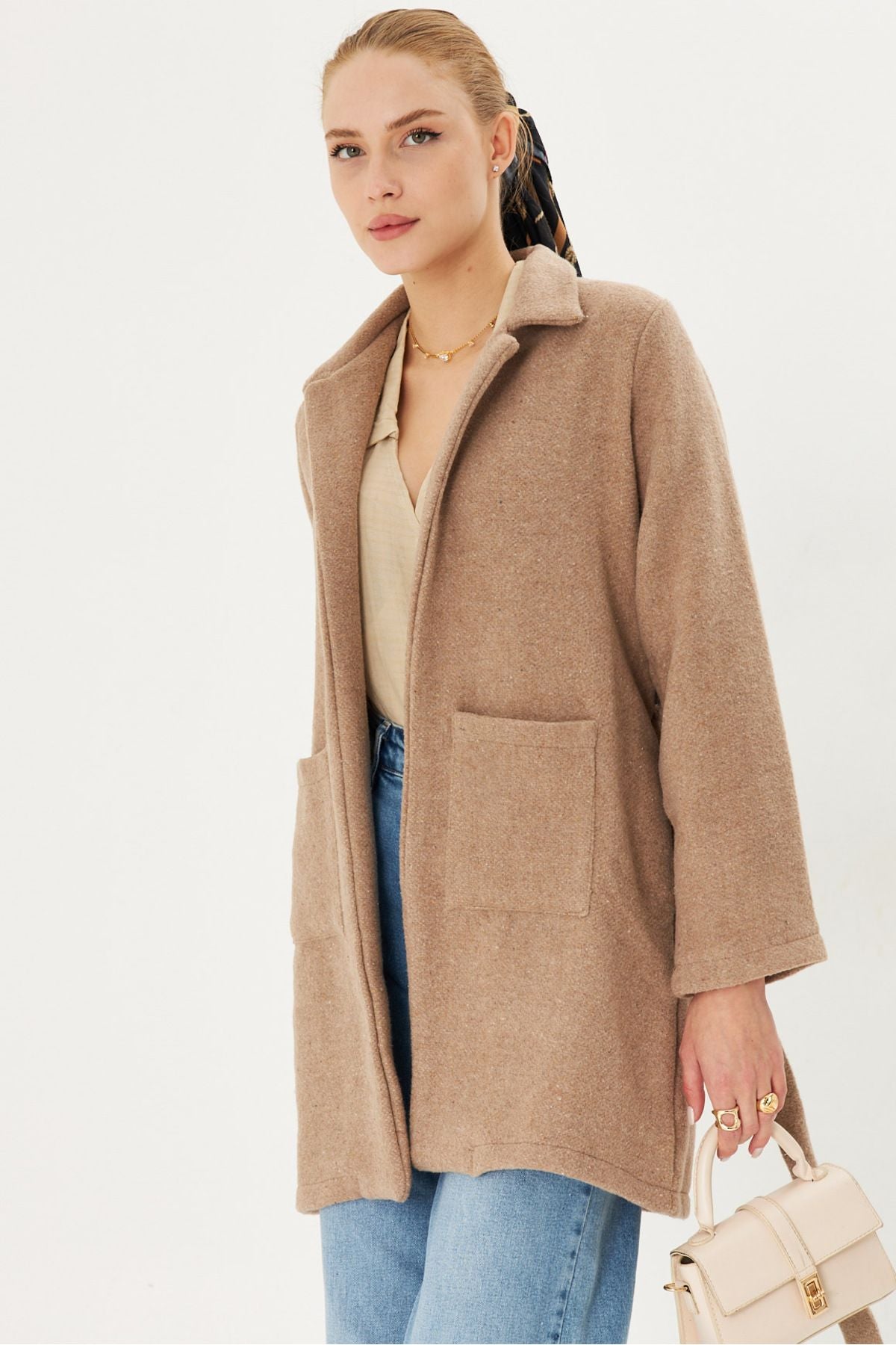 Female Beige Men's Collar Pocket Belt Coat Arm-25k001053