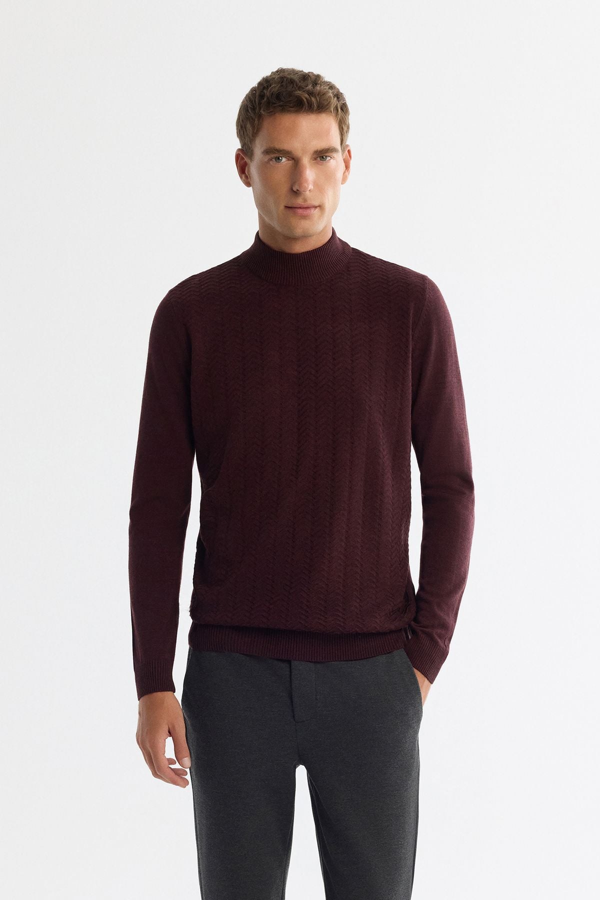 Men's Bordeaux Half Fisherman Collar textured knitwear sweater E005108
