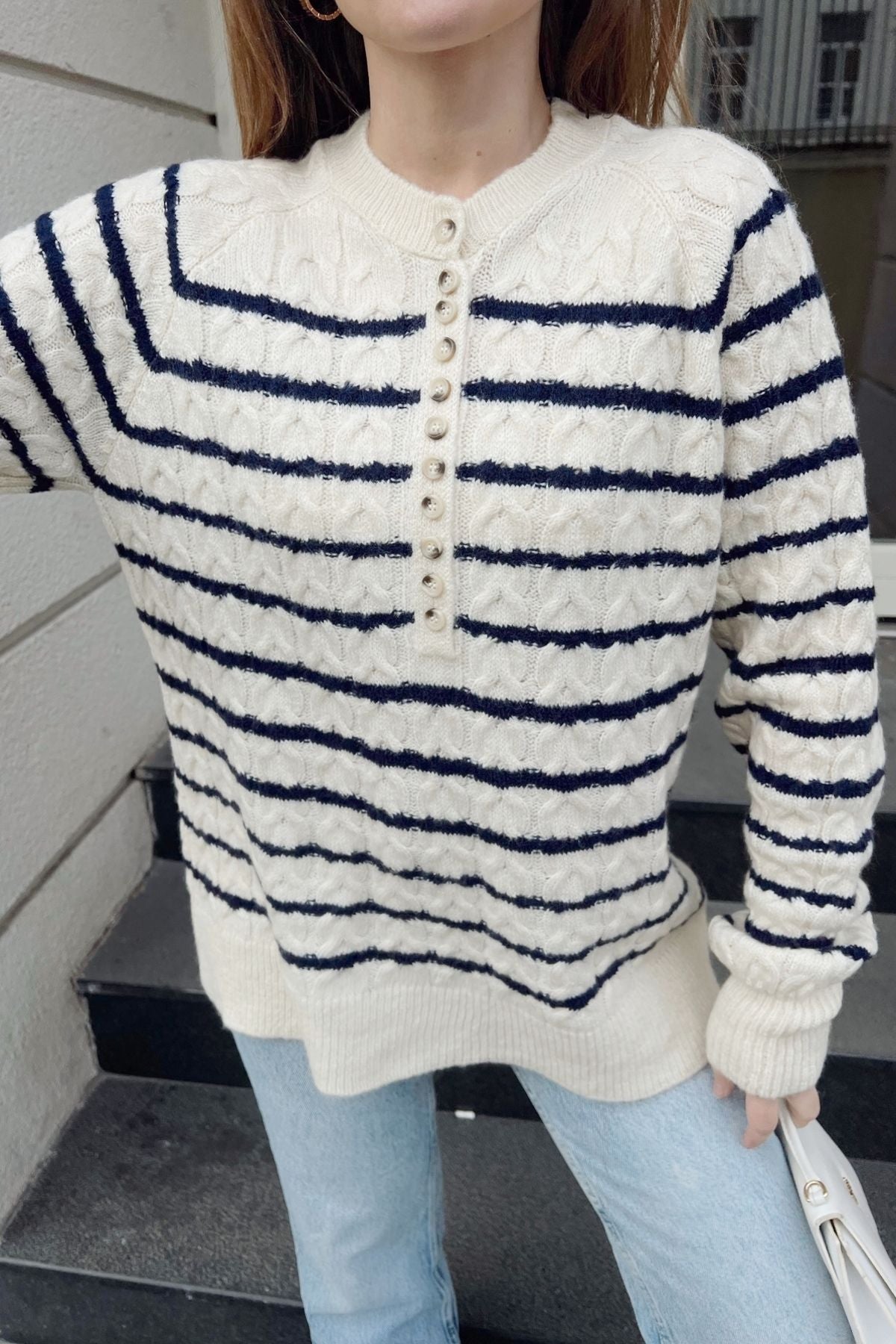 Female braided collar buttonhole striped knitwear sweater