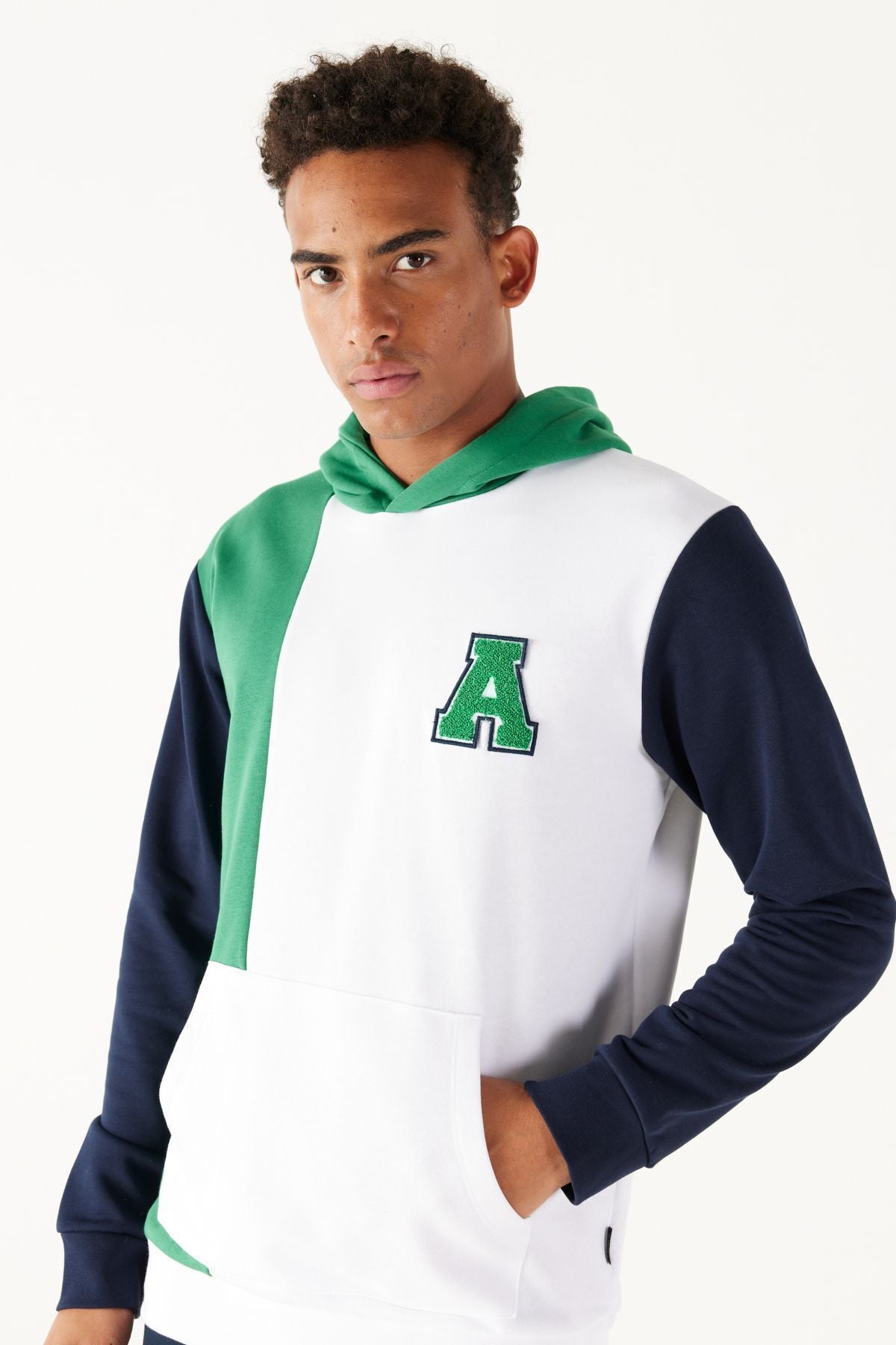 Men's white-green standard fit Normal cutting hooded cotton striped sweatshirt