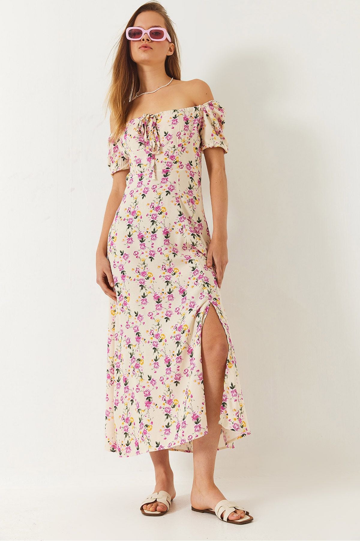 Female Baglama Neck Slit Detailed Patterned Midi Viscose Dress 60261492