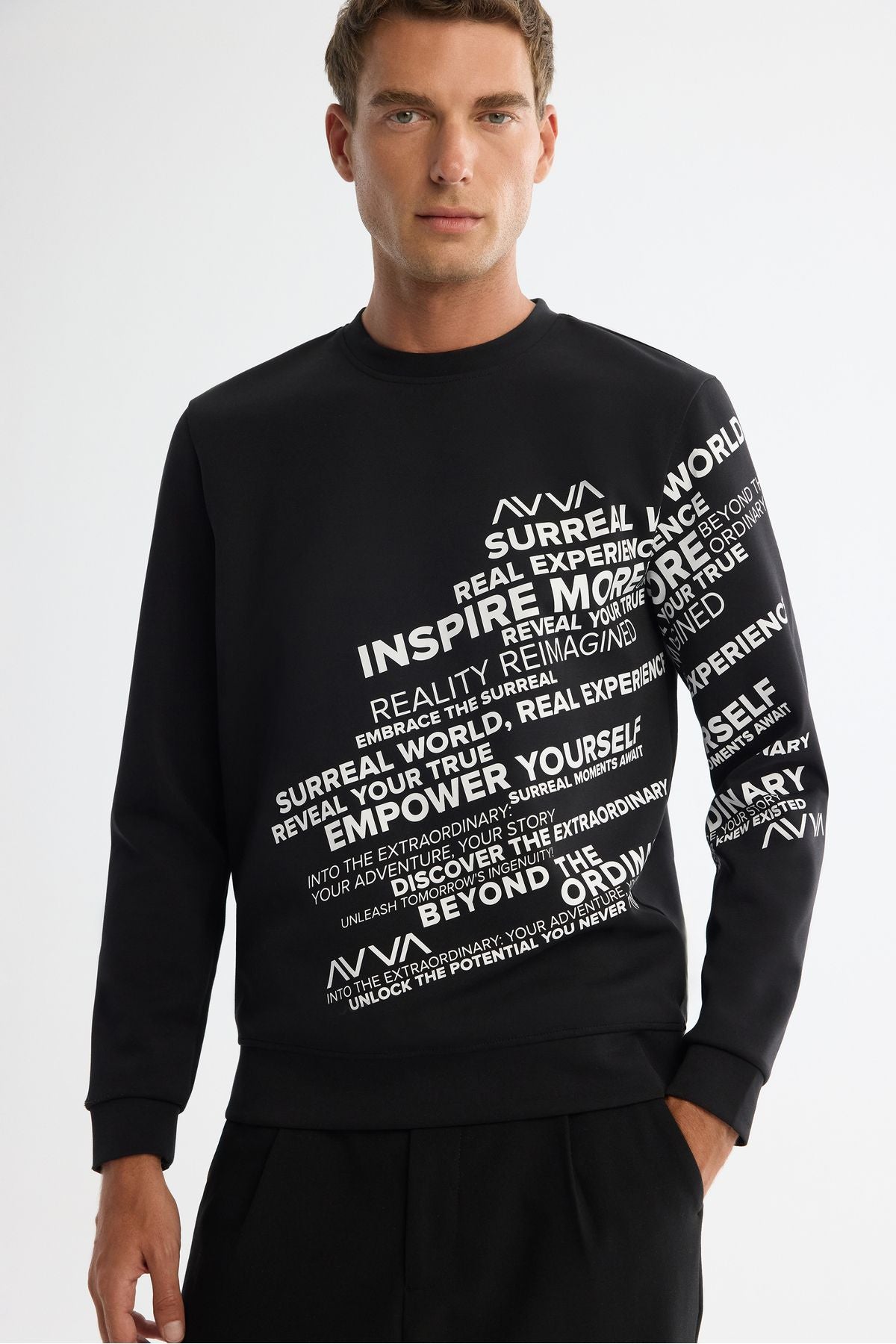 Erkek Siyah Bisiklet Yaka Baskılı Elastan Sweatshirt A42y1285