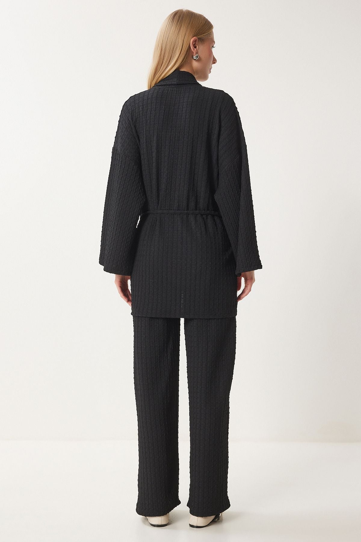 Women's black textured kimono pants knitting set an00217