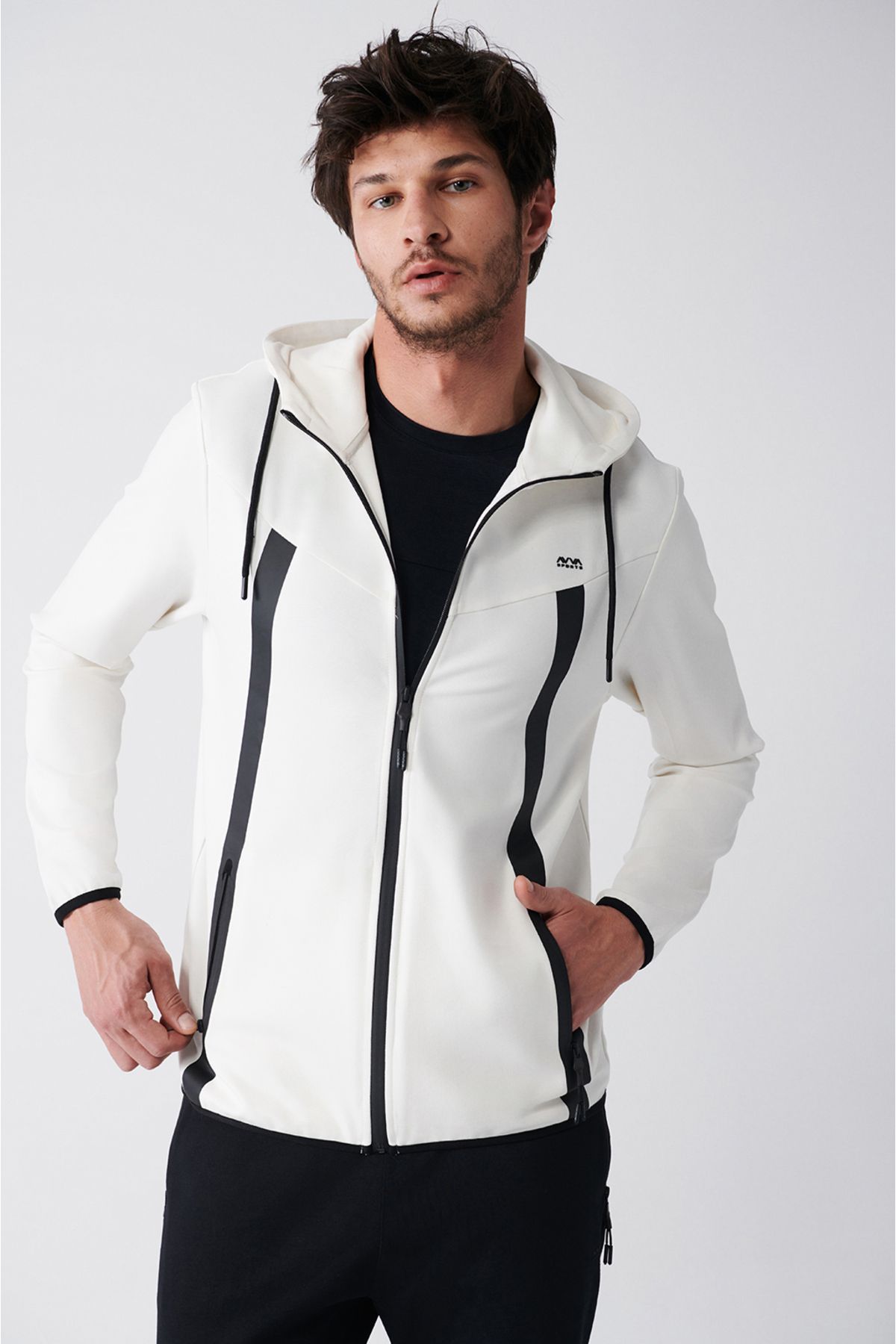 Men's Ecru Interlok Fabric Hoped Zipper Sweatshirt A31y1202