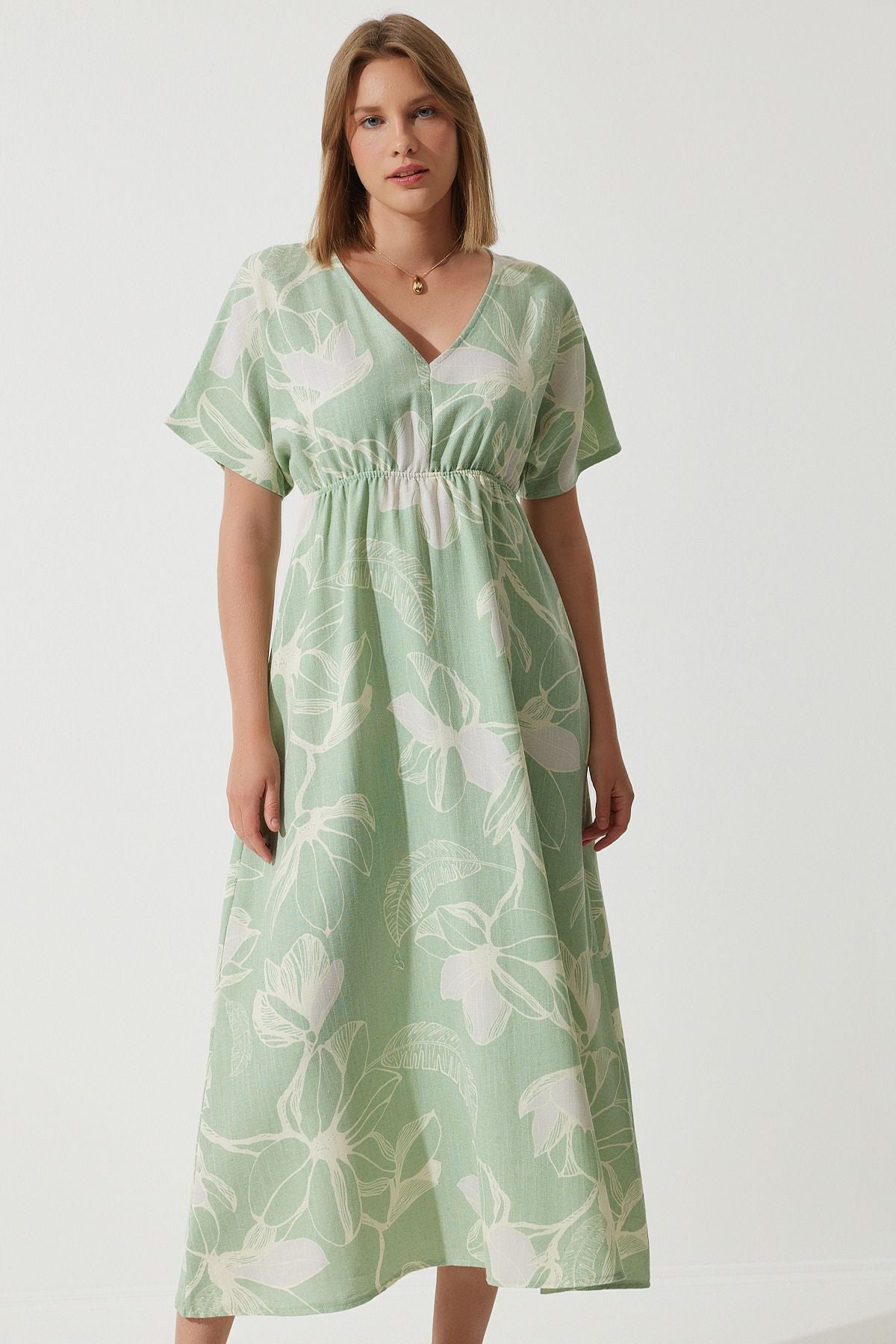 Women's Cagla Green Tropic Patterned Summer Raw Linen Dress BP00156