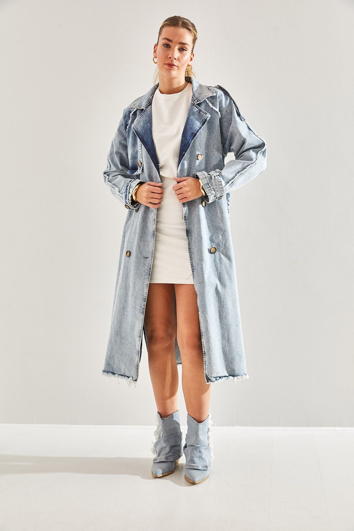 WOMEN'S APOLICED BEDED Jeans Trench Coat 60181038