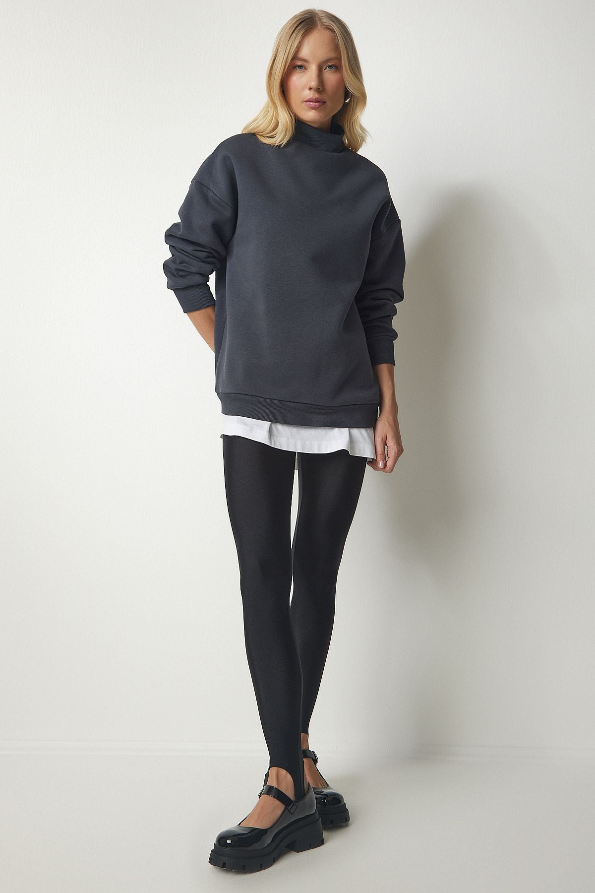 Woman anthracite upright collar basic shrdon Sweatshirt UB00166