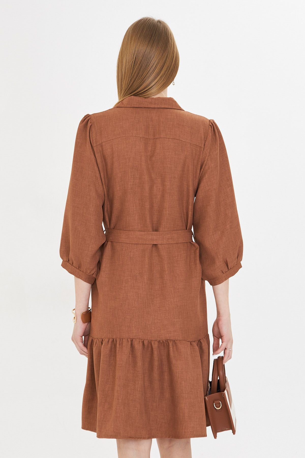 Female Taba Shirt Neck Quarter Arm Waist Belled Skirt Shirred Dress ARM-25Y001010