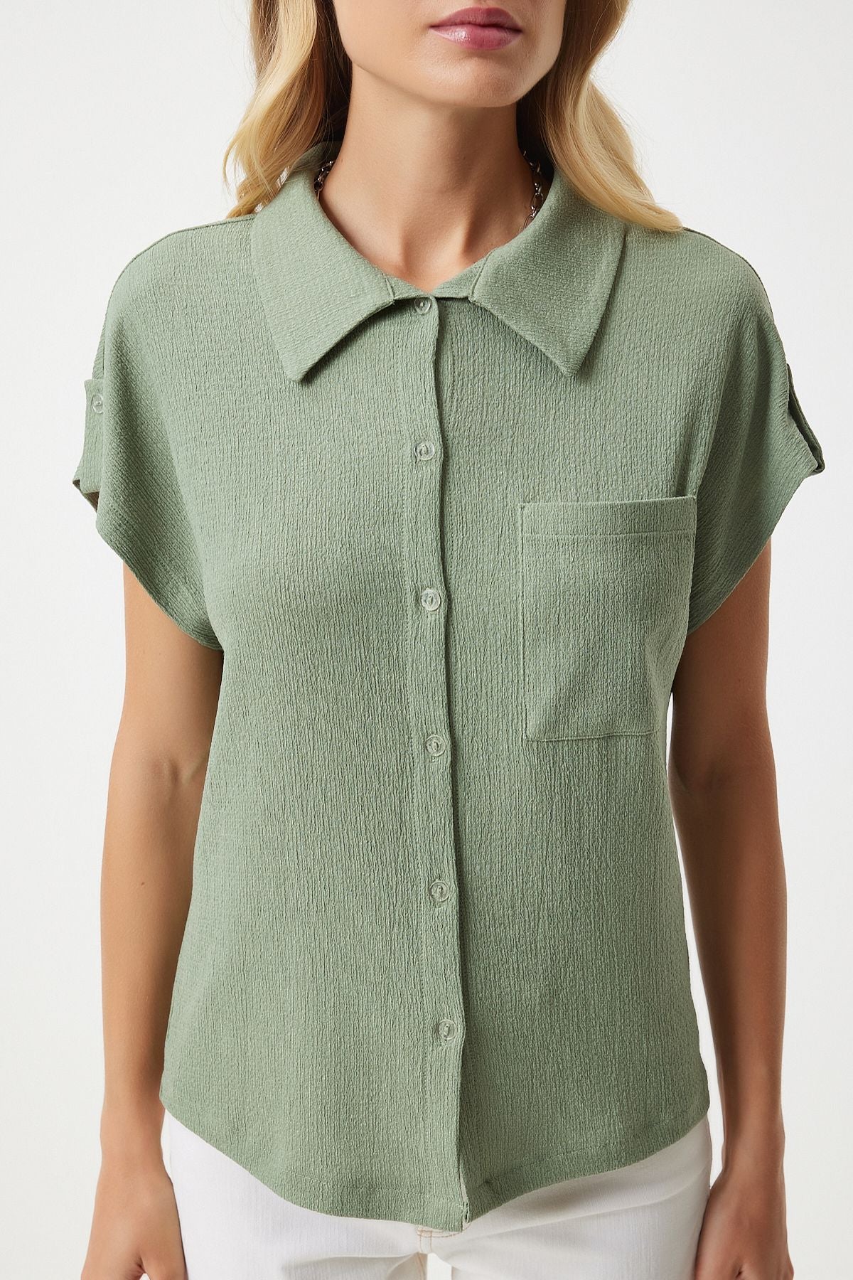 Women's Cagla Green Pocket Casual Knitting Shirt DD01325