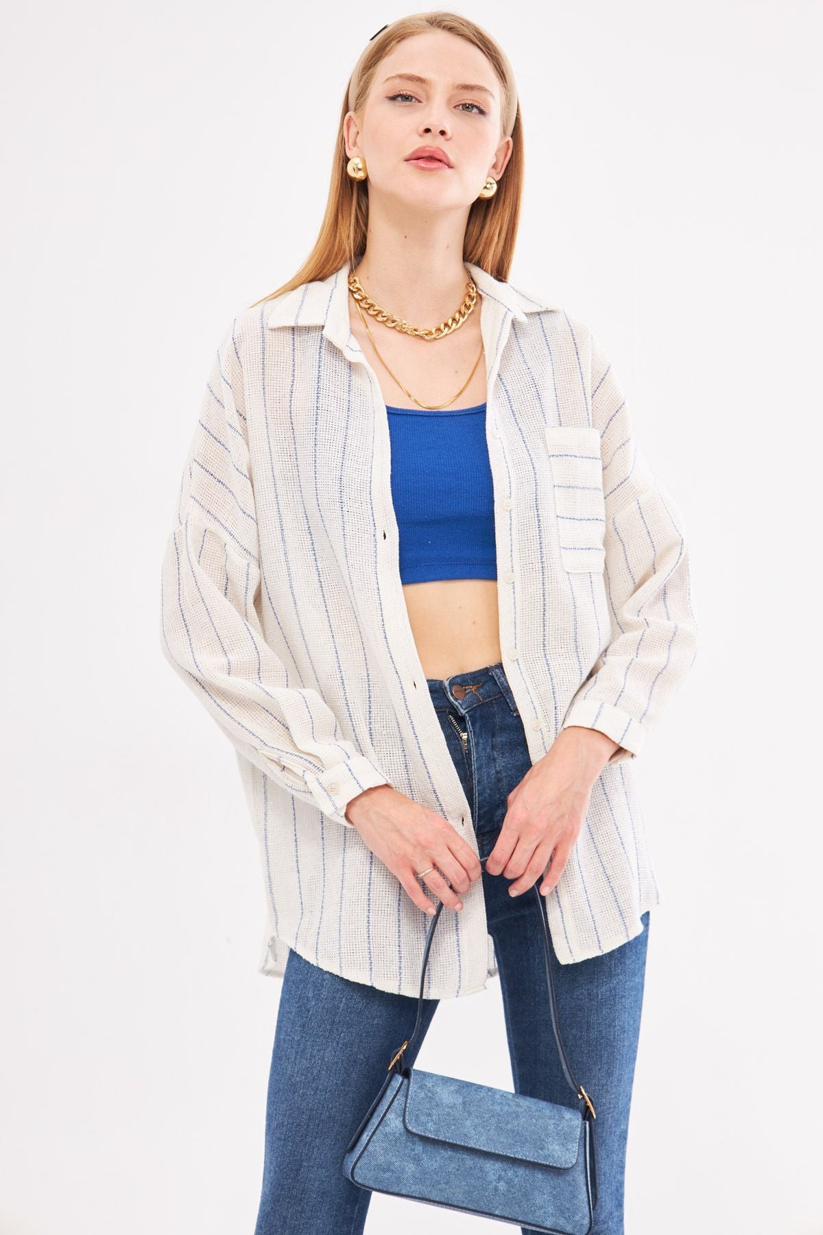 Woman Navy blue Long Sleeve Pocket detailed back Pleeled striped Oversiz shirt ARM-24Y001053