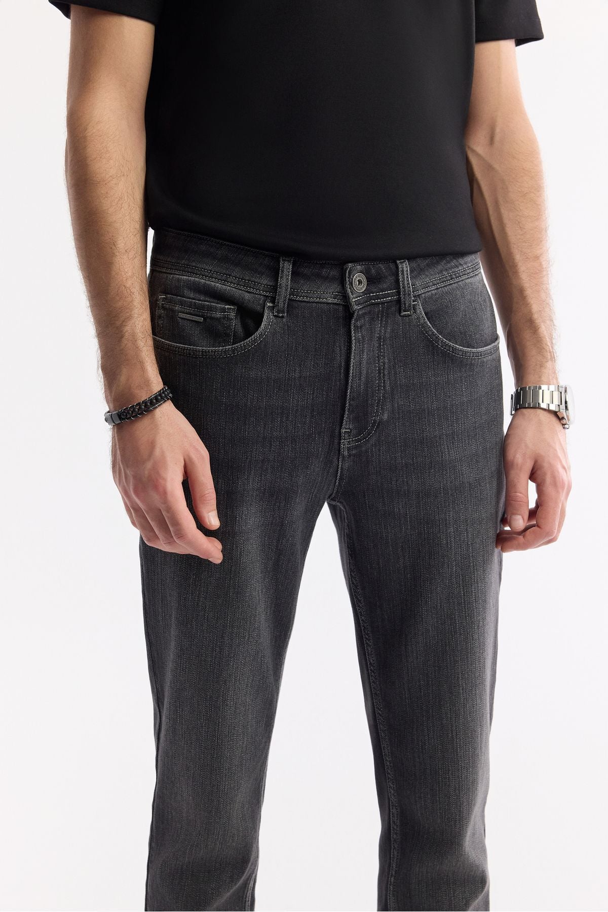 Men's anthracite stone washing knitted slim fit denim pants A51y3513