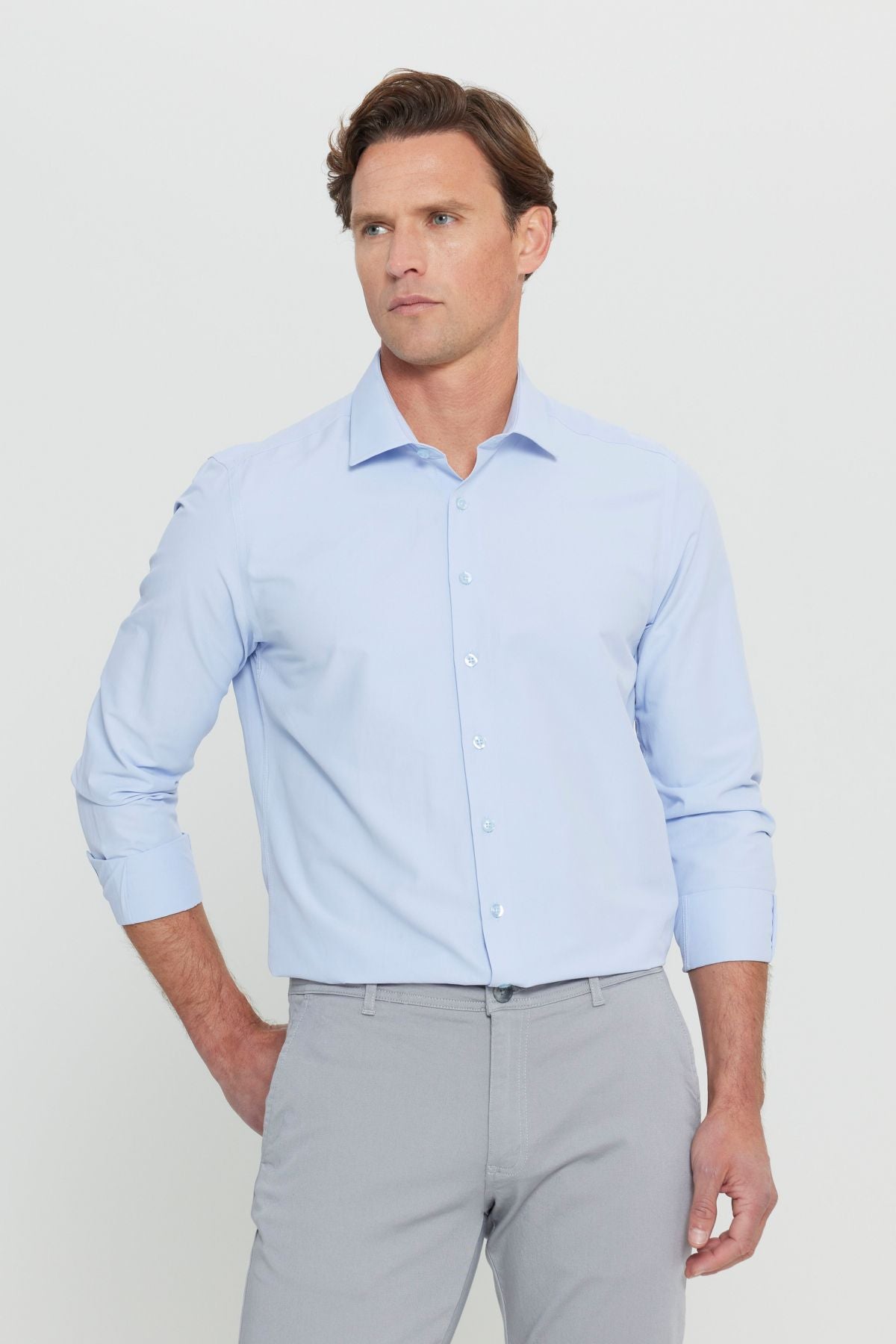 Men's Light Blue Ironing Easy Non-Ion Slim Fit Narrow Cutter Classic Collar Cotton Shirt