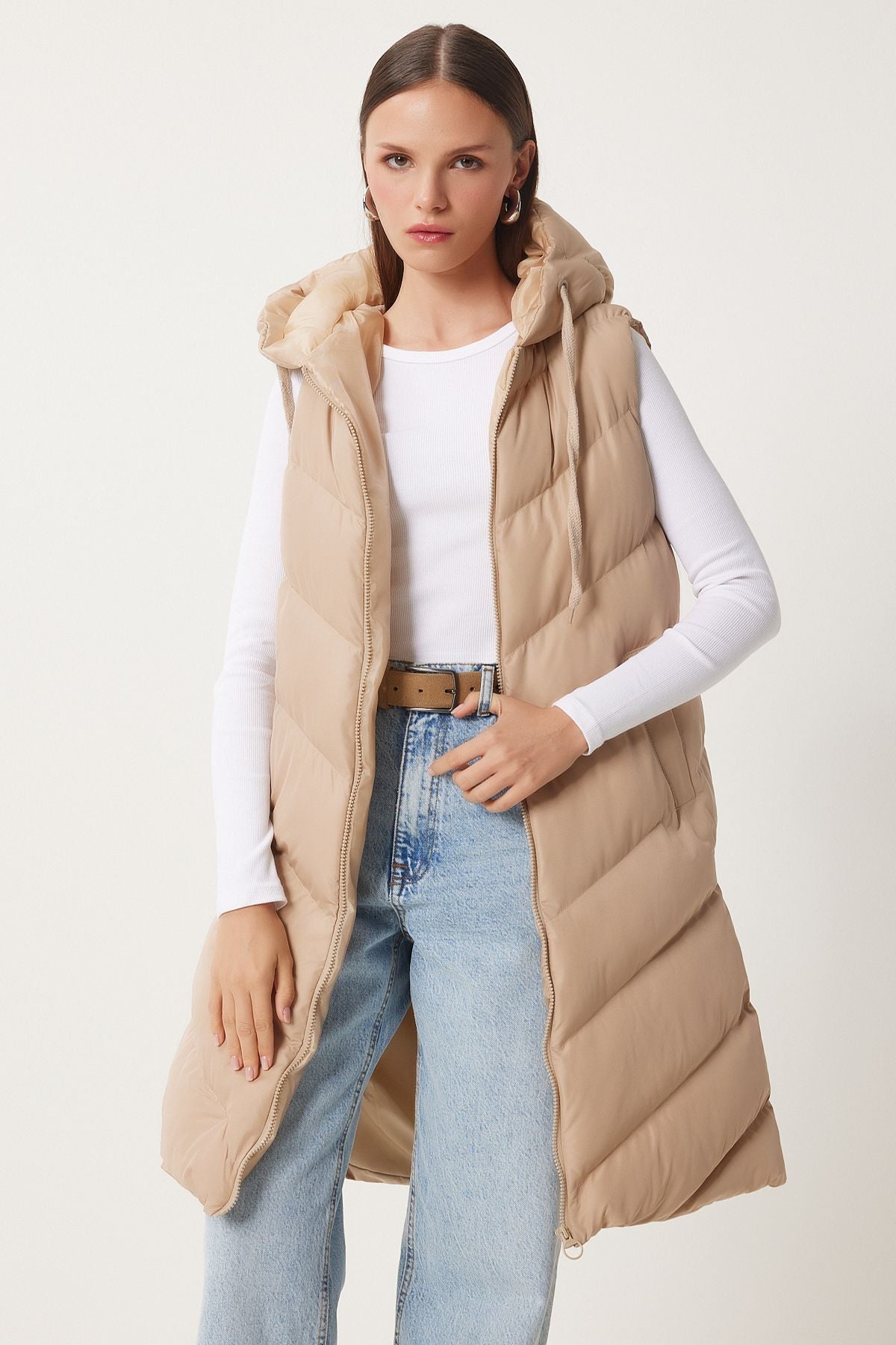 Women's cream hooded long swelling vest RV00031