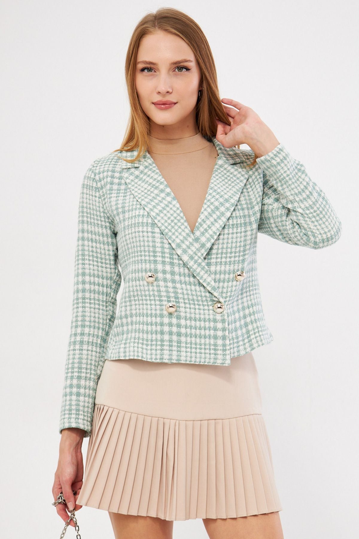 WOMEN WHITE-MINT CREMAZE YAKA TÜVİT Crop Jacket ARM-24K001014