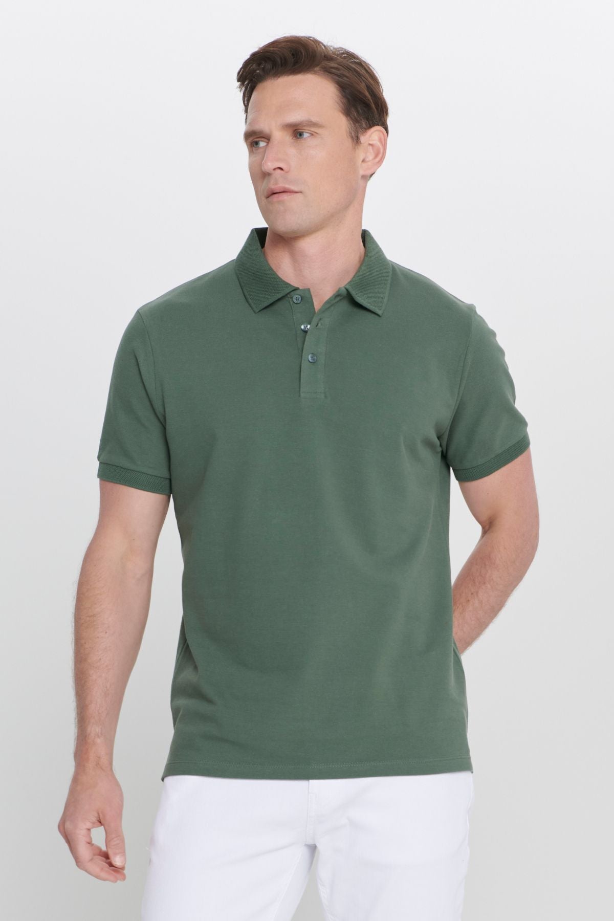 Male Khaki 100 %Cotton Curiated Pike Polo Yaka Slim Fit Narrow Cut T -shirt