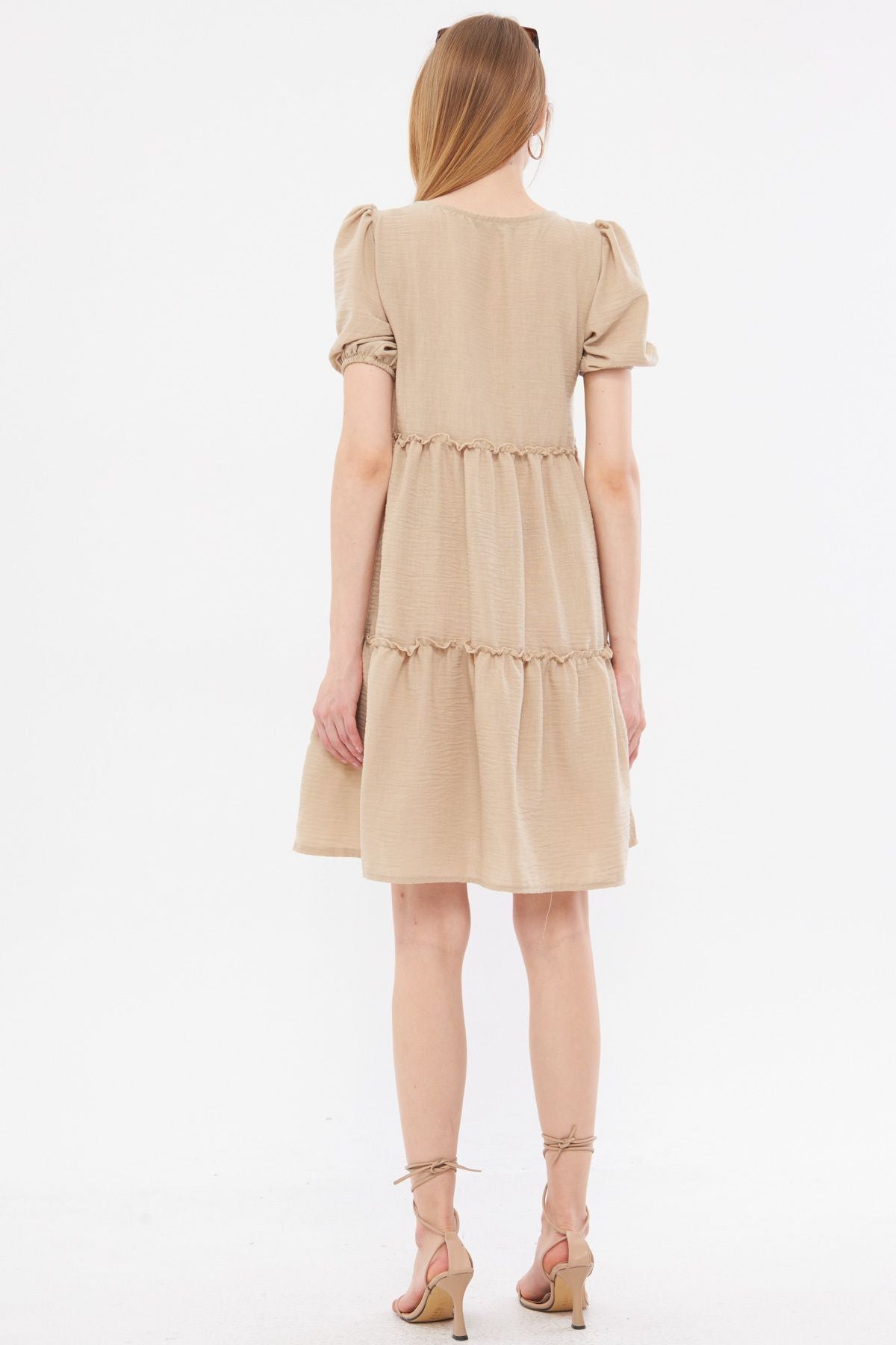 Female beige linen looking V-neck Short Arm Ruffle Dress ARM-24Y001071