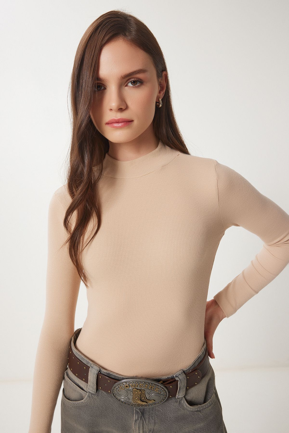 Women's cream fisherman collar wick knitted blouse GT00054