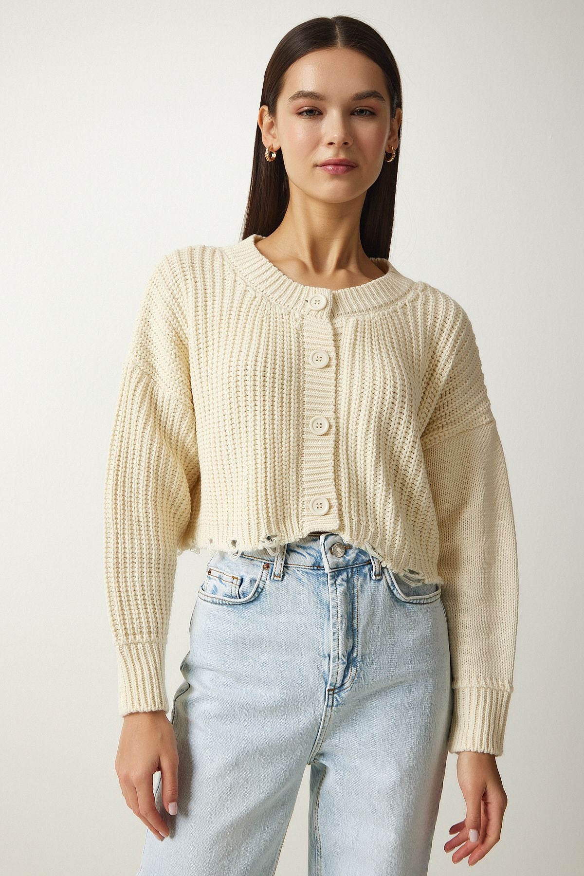 Women's Cream Roofed Crop Knitwear Cardigo PF00054