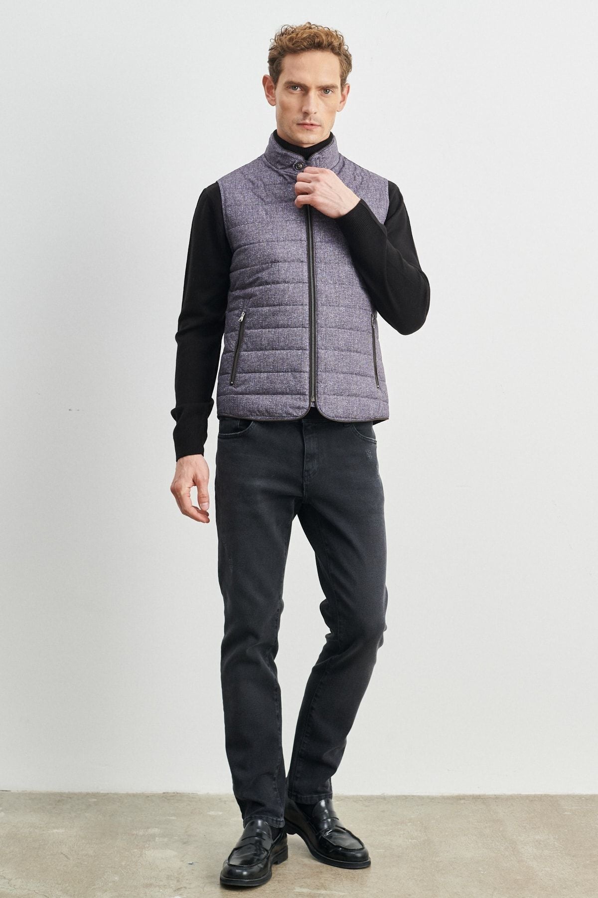 Men's navy blue standard fit normal cut upright collar vest