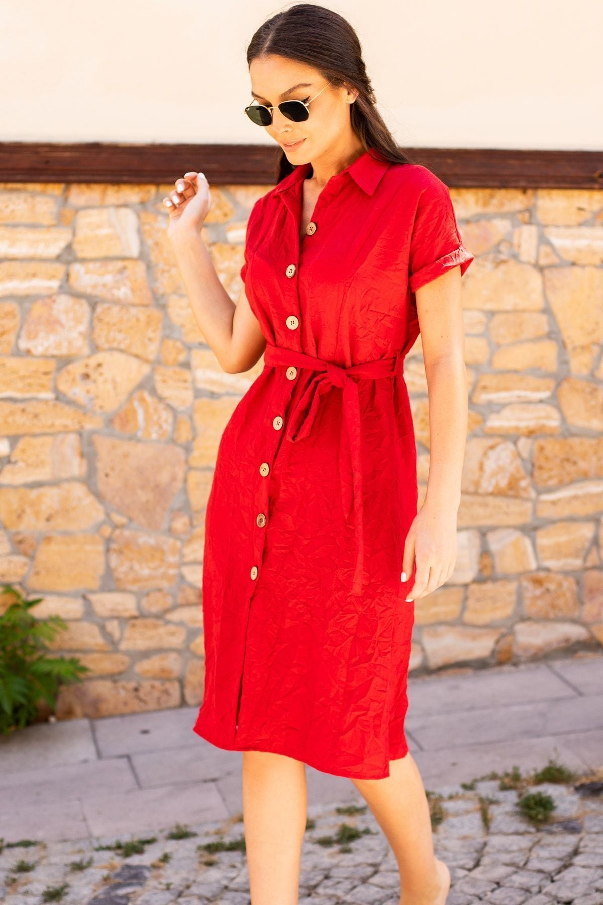 Woman Red Waist Belt Short Sleeve Shirt Dress ARM-19Y001068