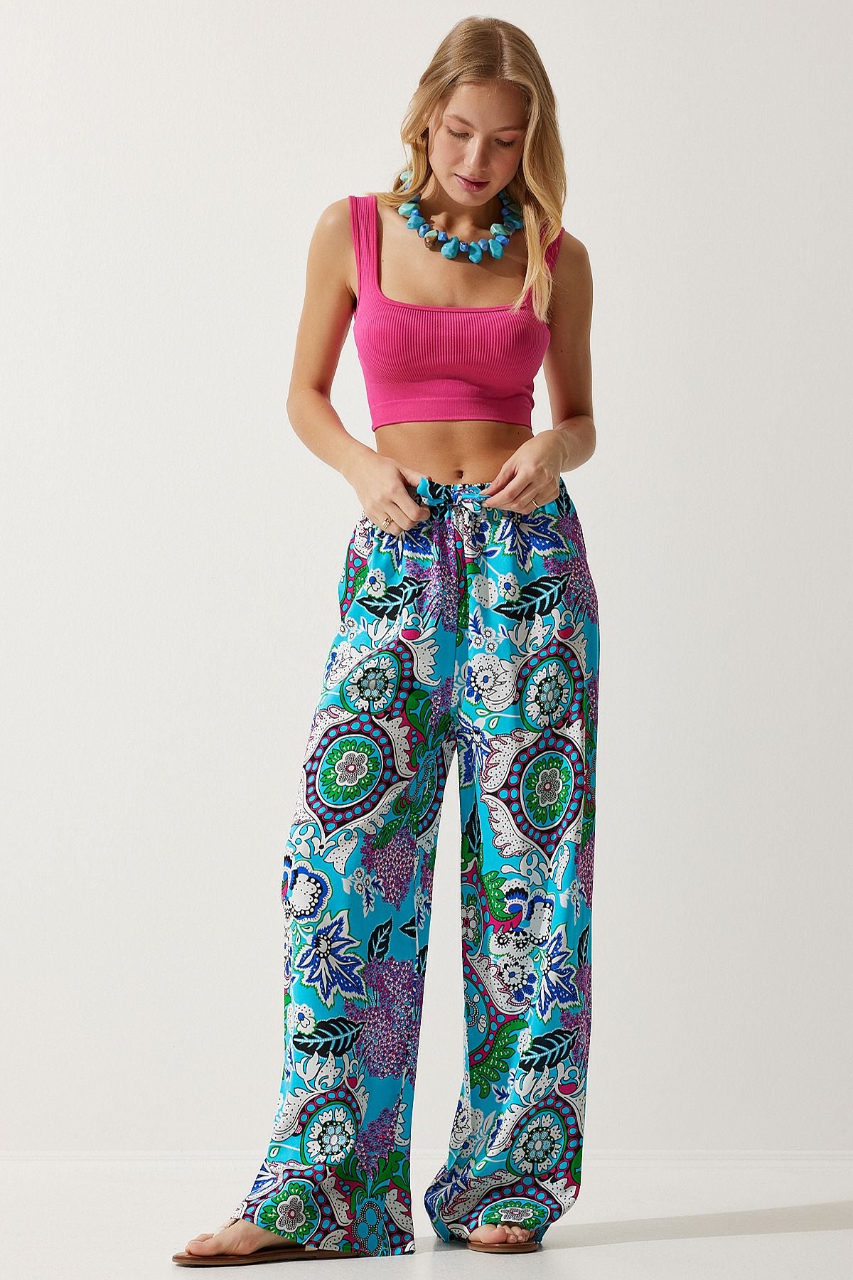 Female turquoise patterned viscose palazzo pants EN00606