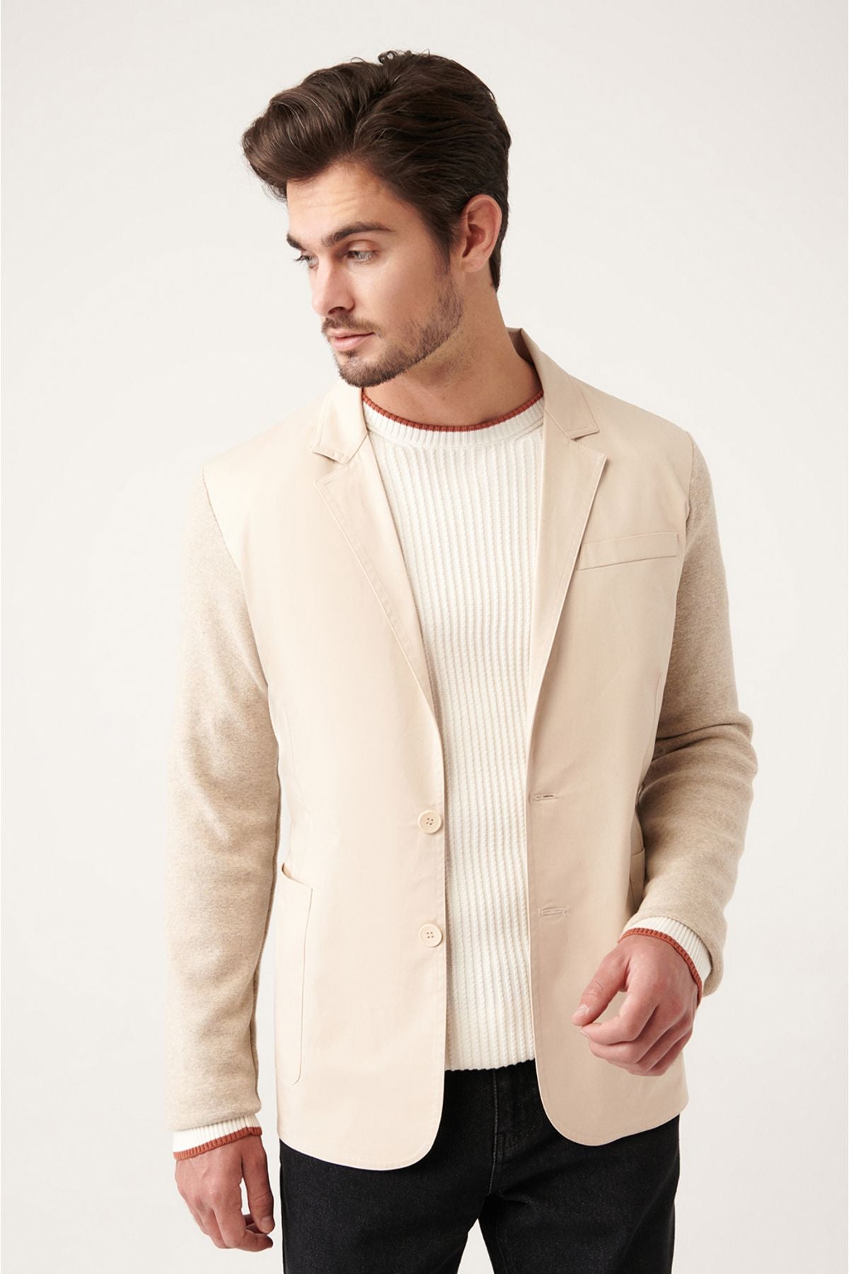 Men's Beige Mono Yaka Primary Triko Detailed Jacket A31y4001