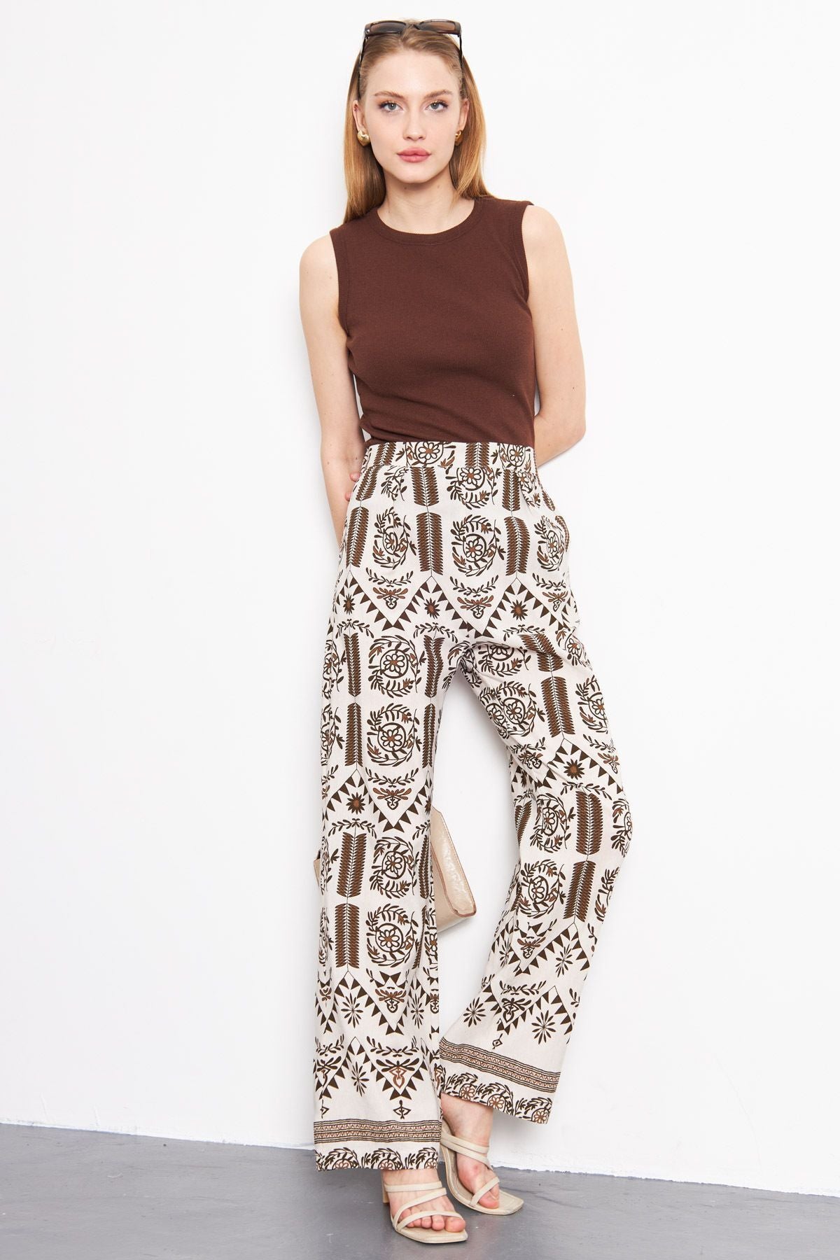 PALAZZO Pants with Female Coffee Linen Looking Patterned Patterned Patterns ARM-24Y001069