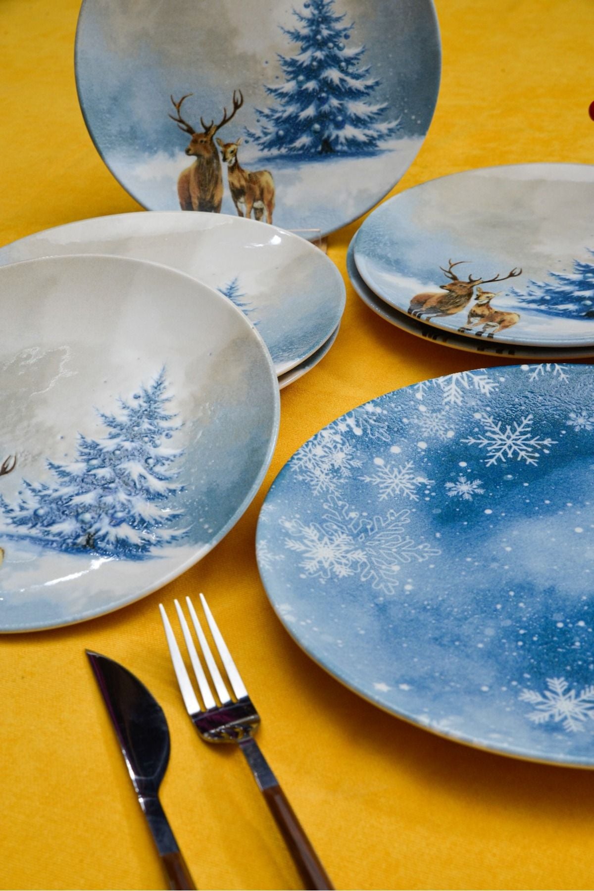 Blue Deer 7 Piece Porcelain Cake Plate Set