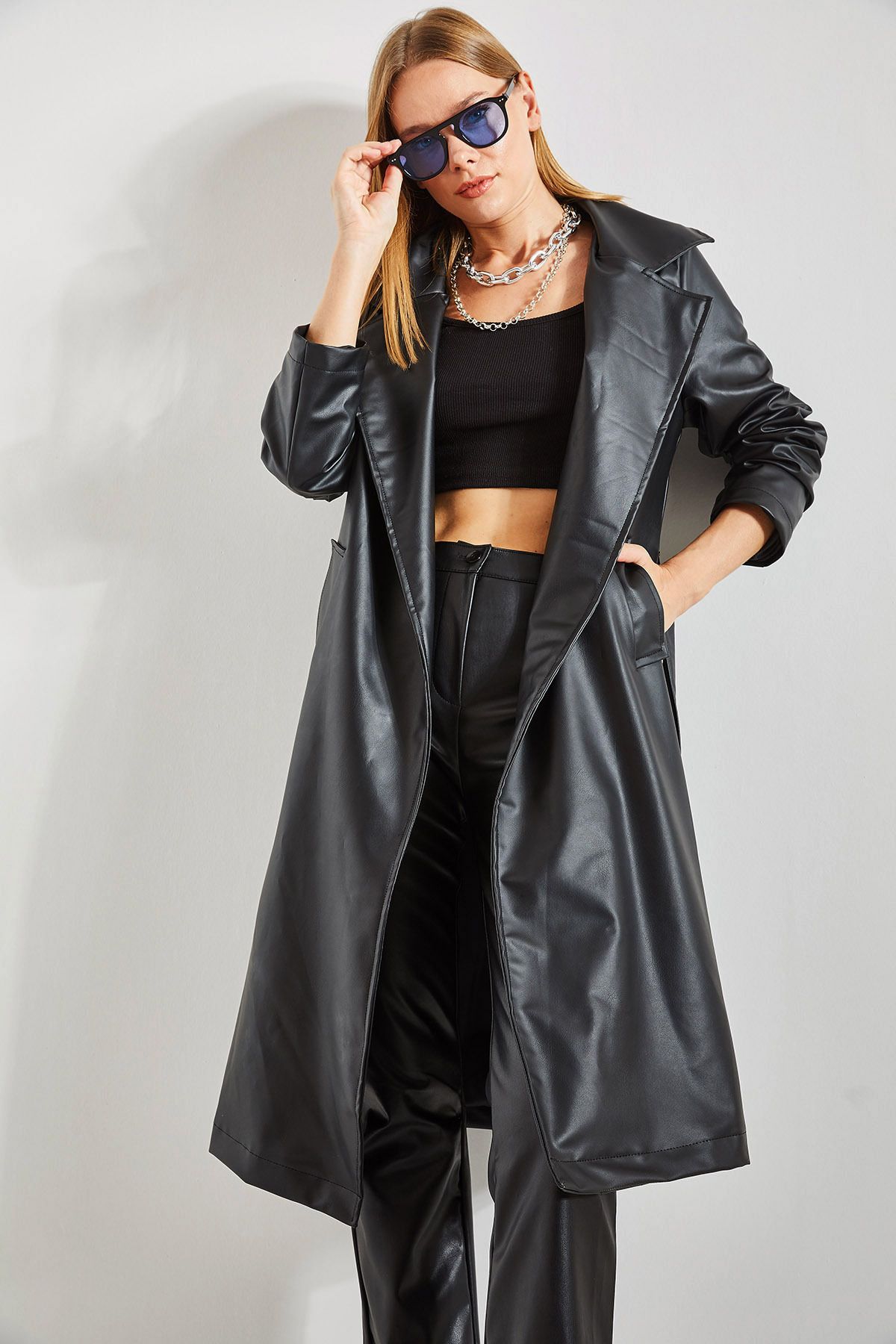 Women belt leather coat