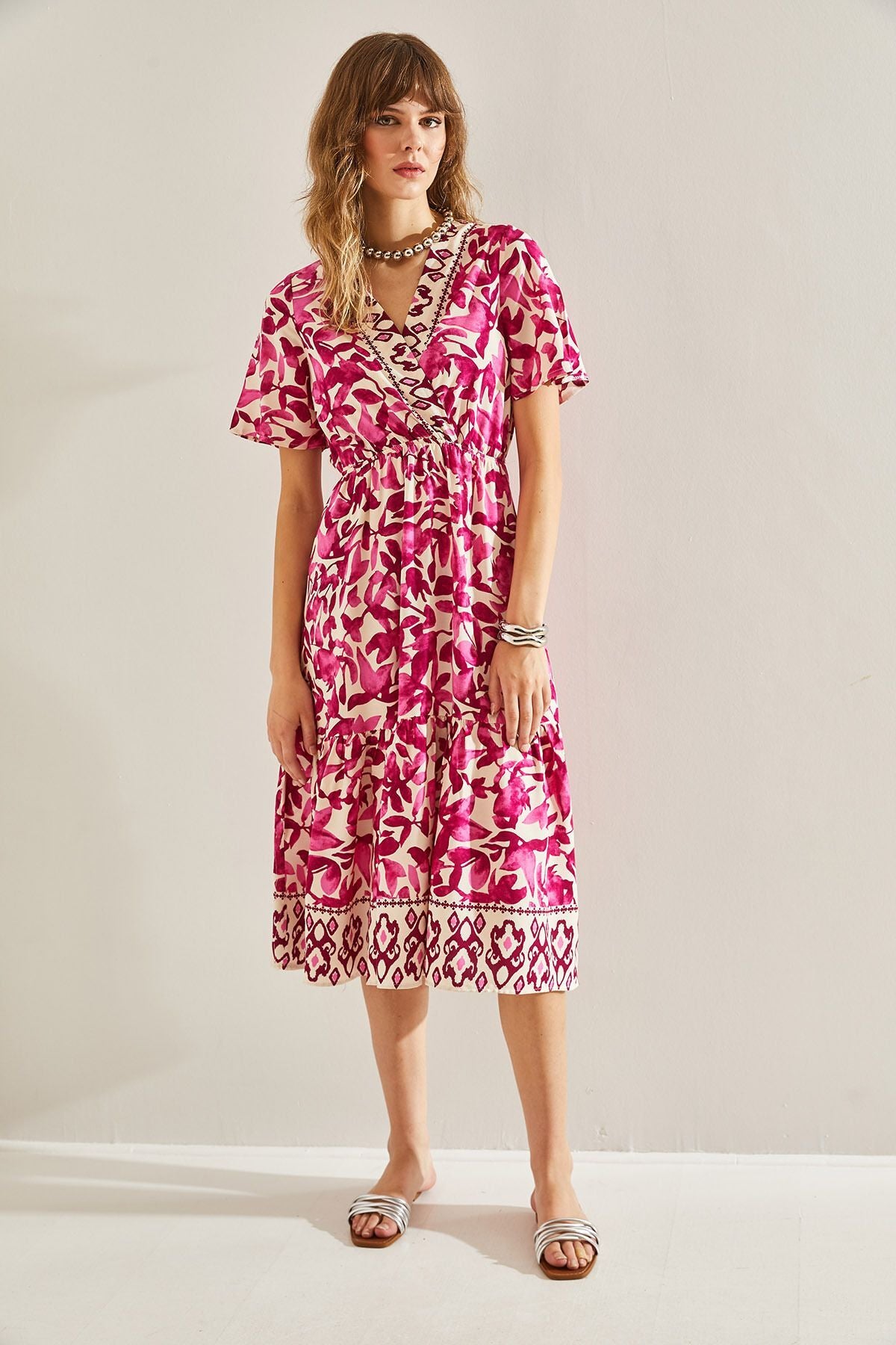 Women's Wrap Neck Waist Gathered Skirt Ruffle Detailed Dress 60251147