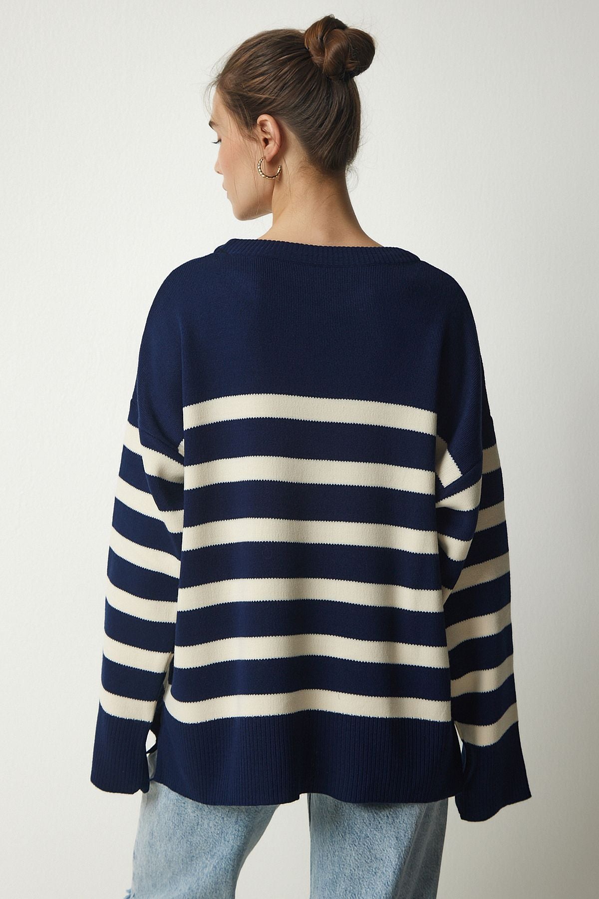 Woman navy blue bone striped oversize knitwear sweater yy00182