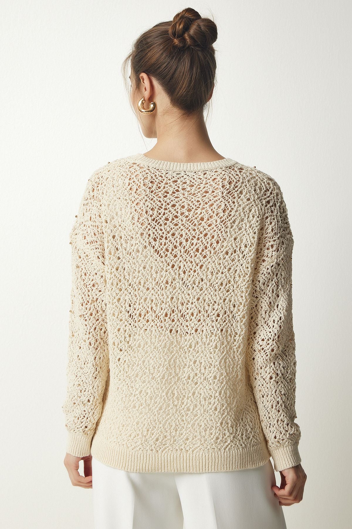 Women's Cream Stylish Pearl Detailed Offer Knitwear Sweater PF00025