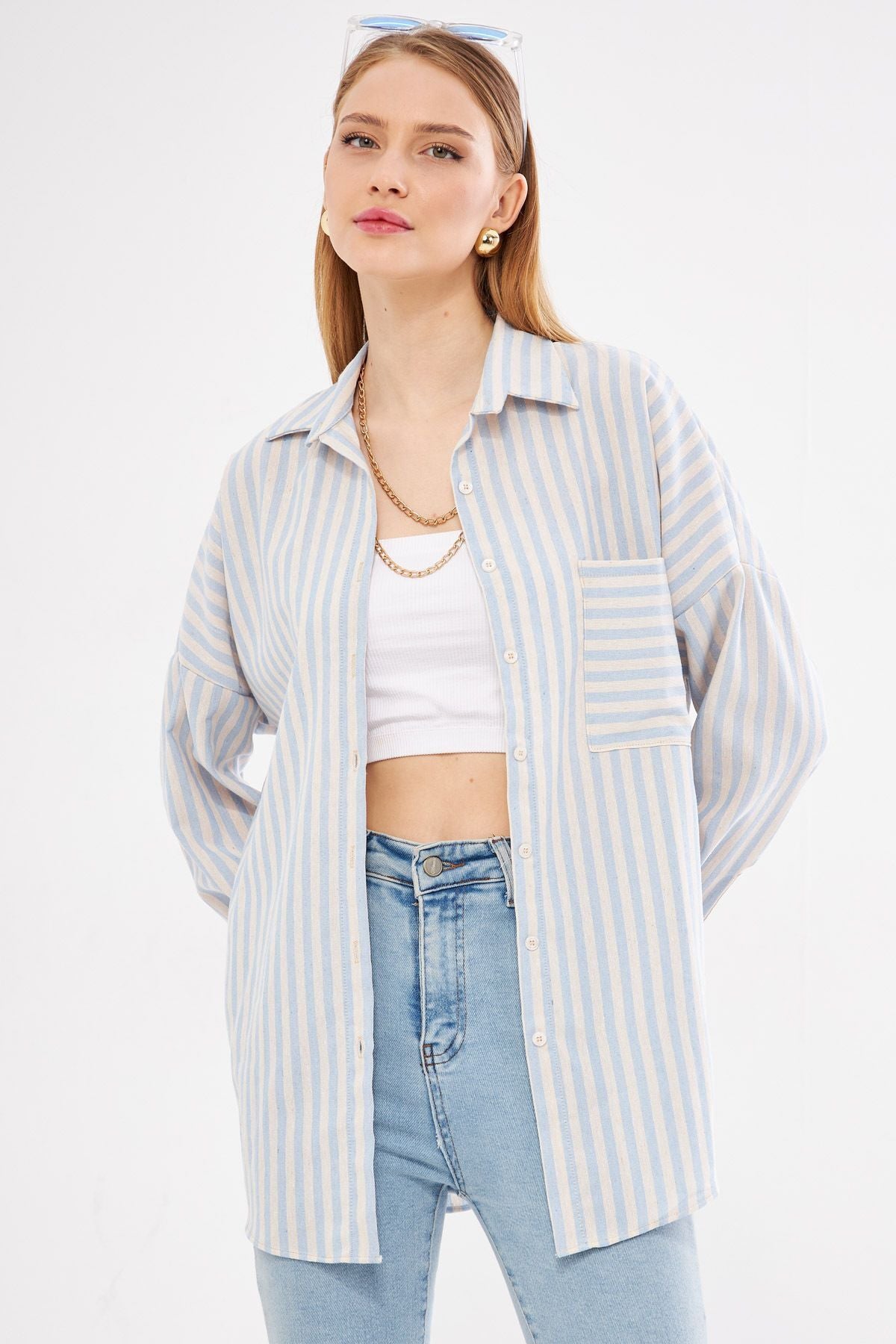 Woman Baby Blue Striped Long Sleeve Pocket Detailed Pleeled Oversize Shirt ARM-24Y001057